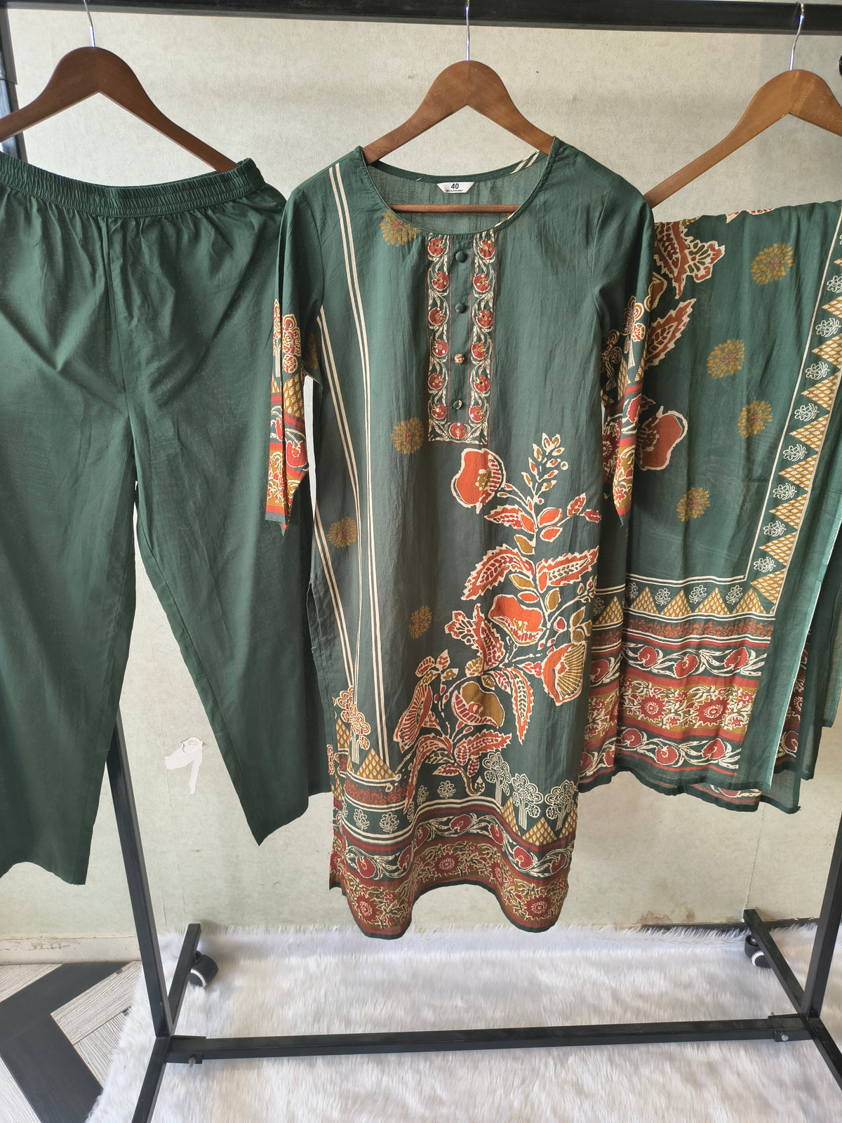Emerald Green Floral Printed Three-Piece Cotton Kurta Set with Dupatta