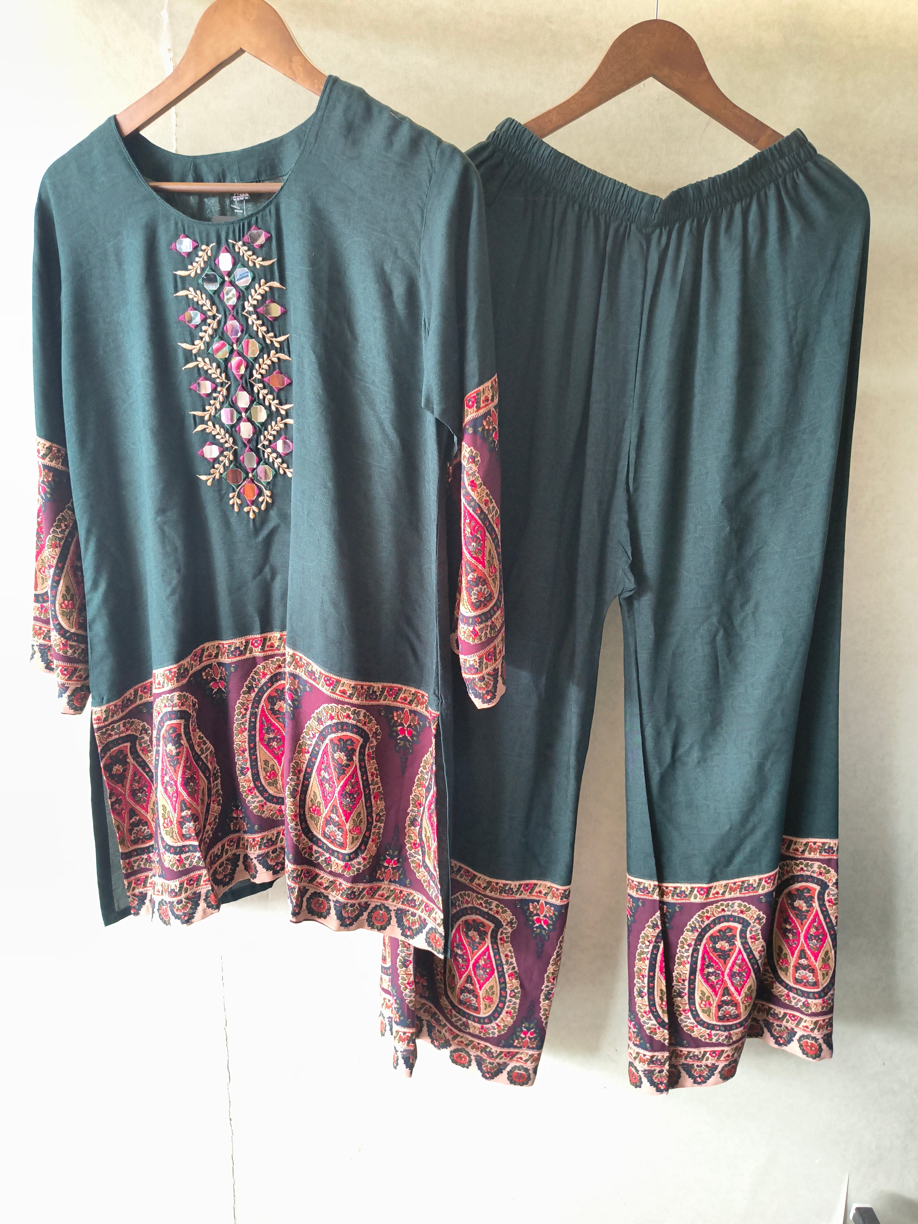 Image of Premium Teal Mirror Work Printed Kurta Pant Co-Ord Set