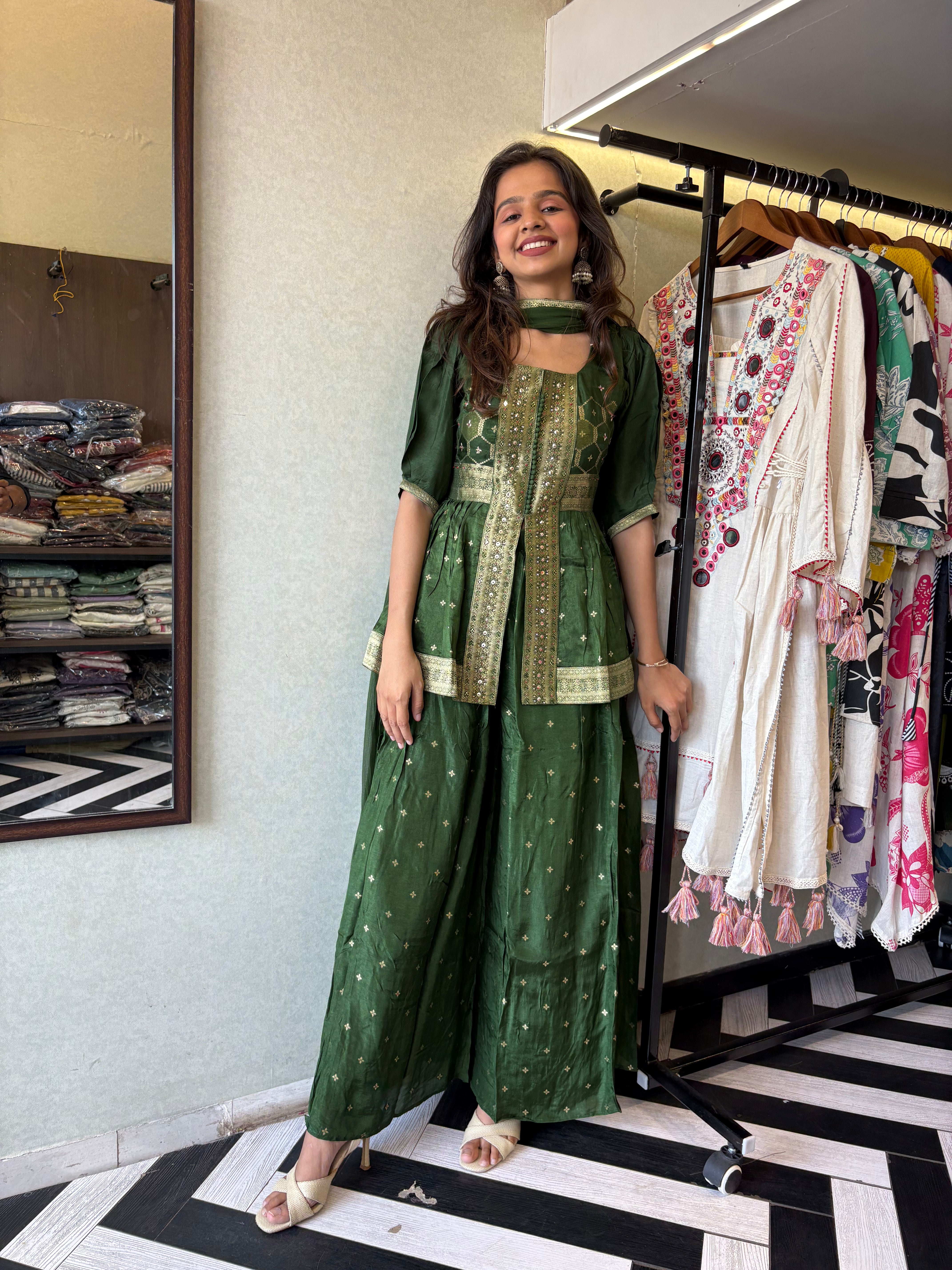 Image of our premium pure silk 3-piece Indo-Western set in stunning green! From dazzling mirror & handwork on the jacket-style top to the flowing plazzo and dupatta