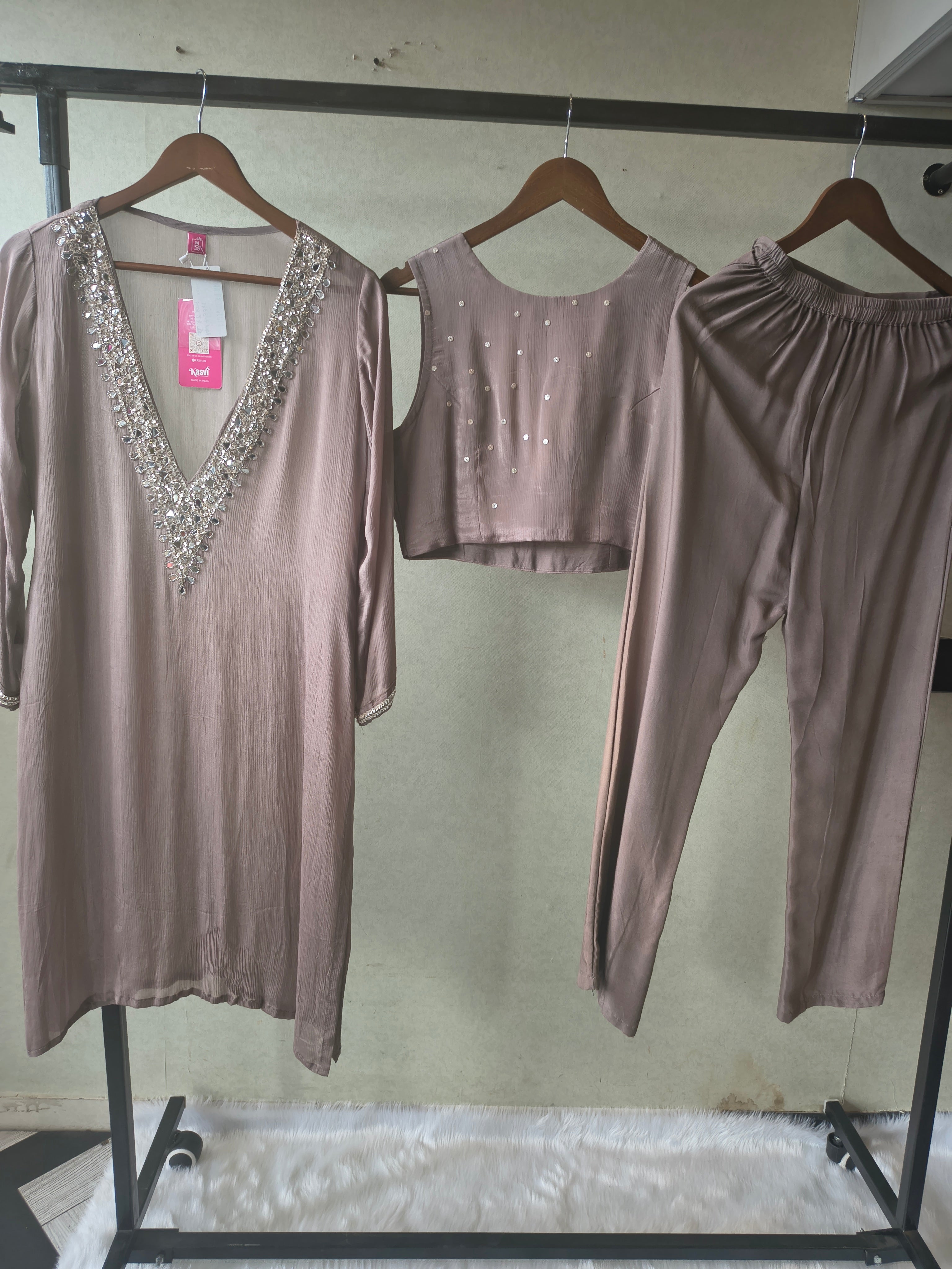 Image of Luxury Taupe Embellished Kurta with Sleeveless Blouse & Straight Pants – 3 Piece Designer Indo-Western Set
