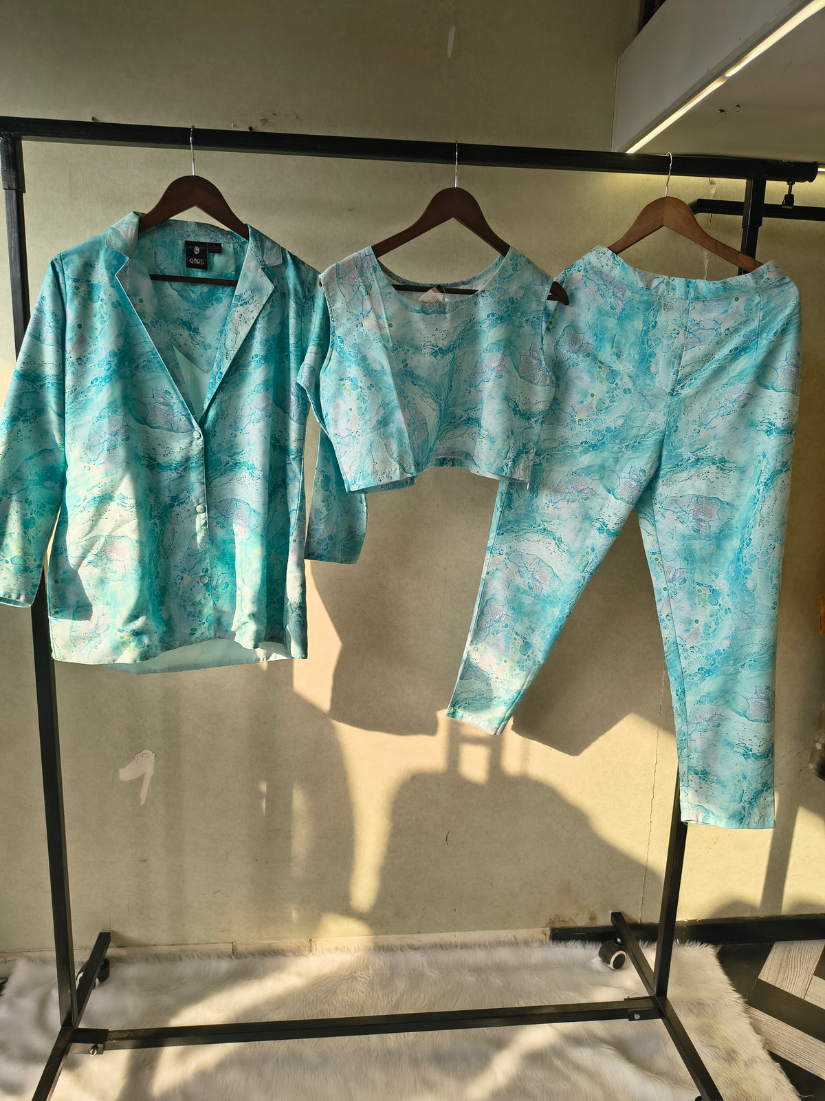 Premium Aqua Marble Print Blazer, Crop Top & Straight Pants Co-Ord Set