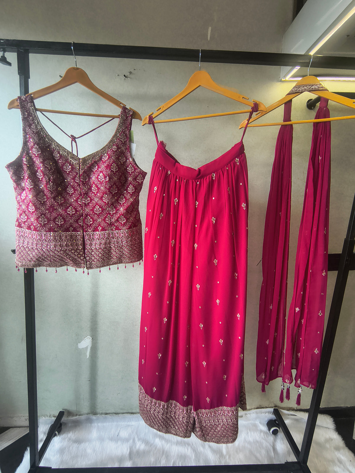 Rani Pink Zari Woven Blouse with Flared Palazzo & Embellished Dupatta – Designer 3 Piece Festive Set