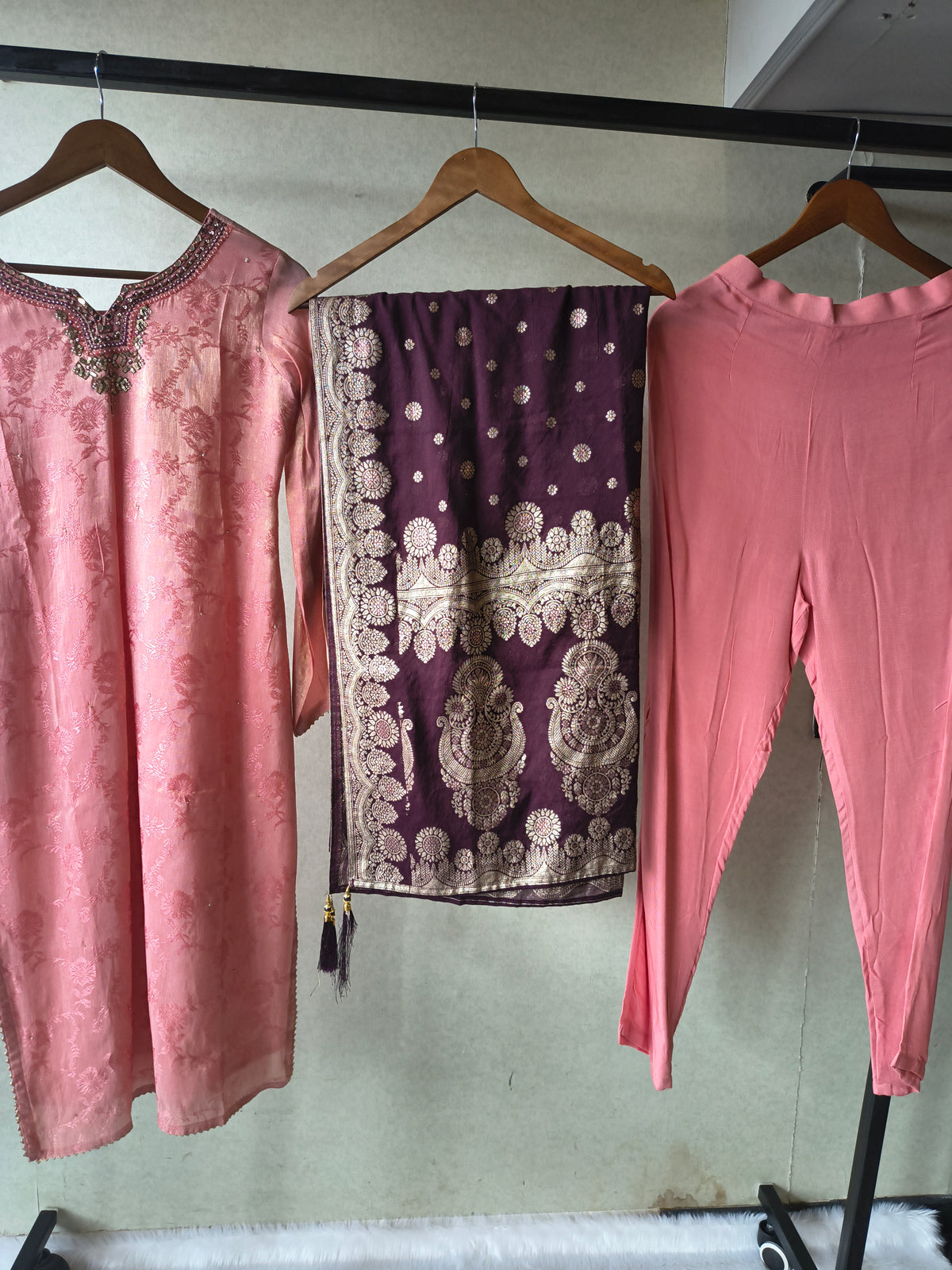Premium Dusty Rose Jacquard Silk Kurta Set with Banarasi Woven Dupatta & Straight Pants