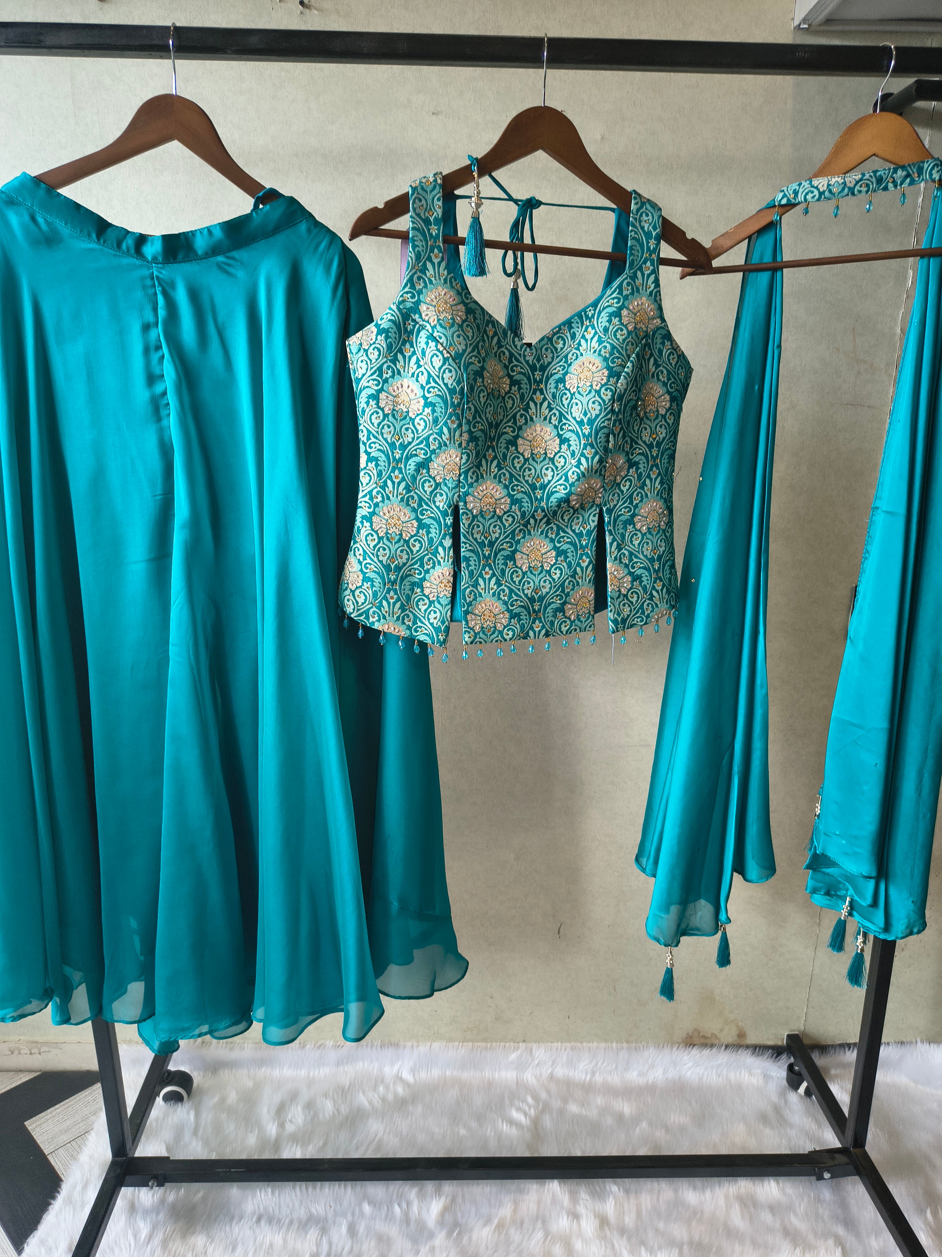 Image of Premium Turquoise Blue 3-Piece Designer Lehenga Set with Brocade Embroidered Blouse & Tassel Dupatta