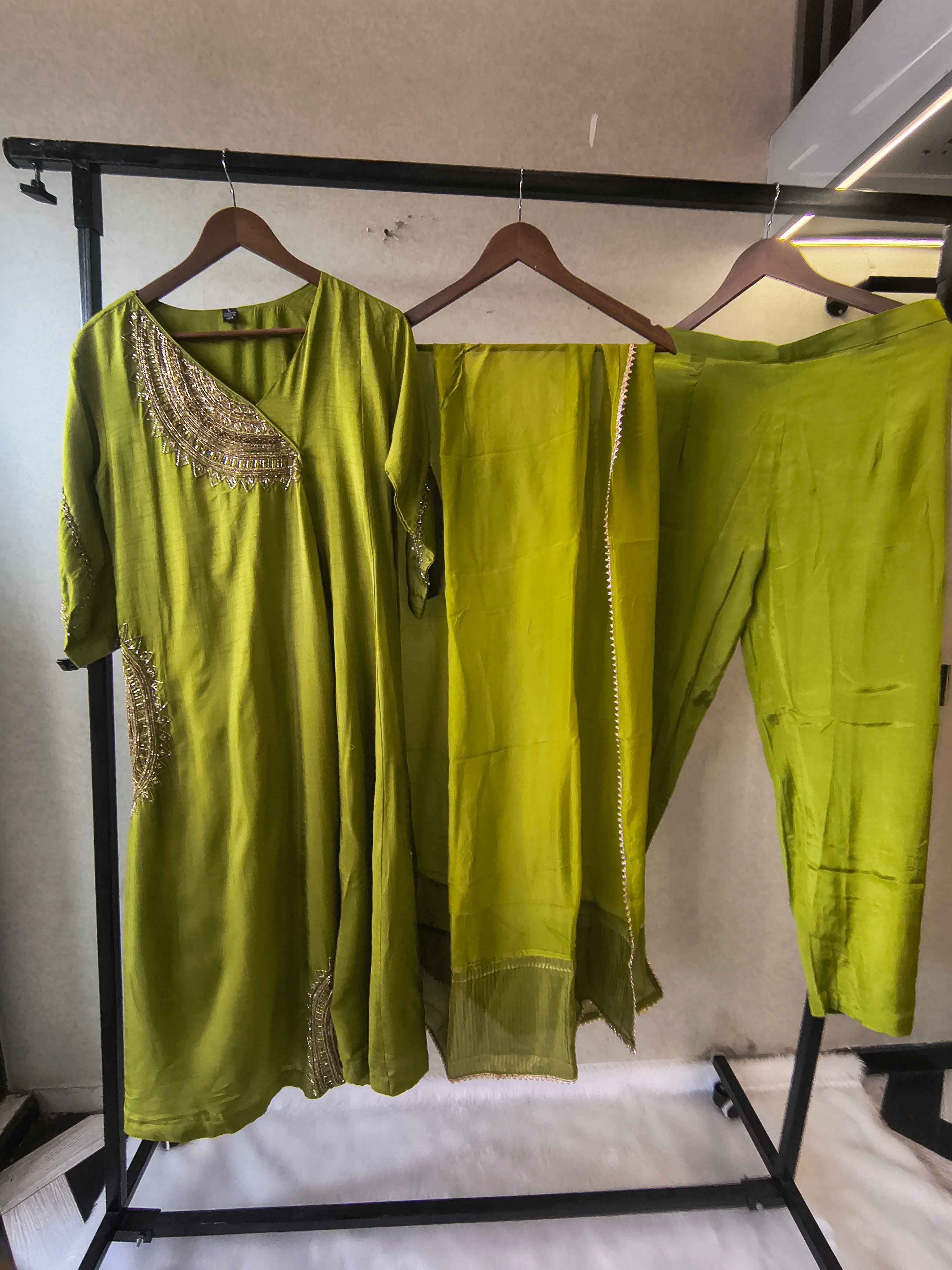 Image of Lime Green Hand-Embroidered Designer Kurta Set with Organza Dupatta | Premium 3 Piece Ethnic Suit