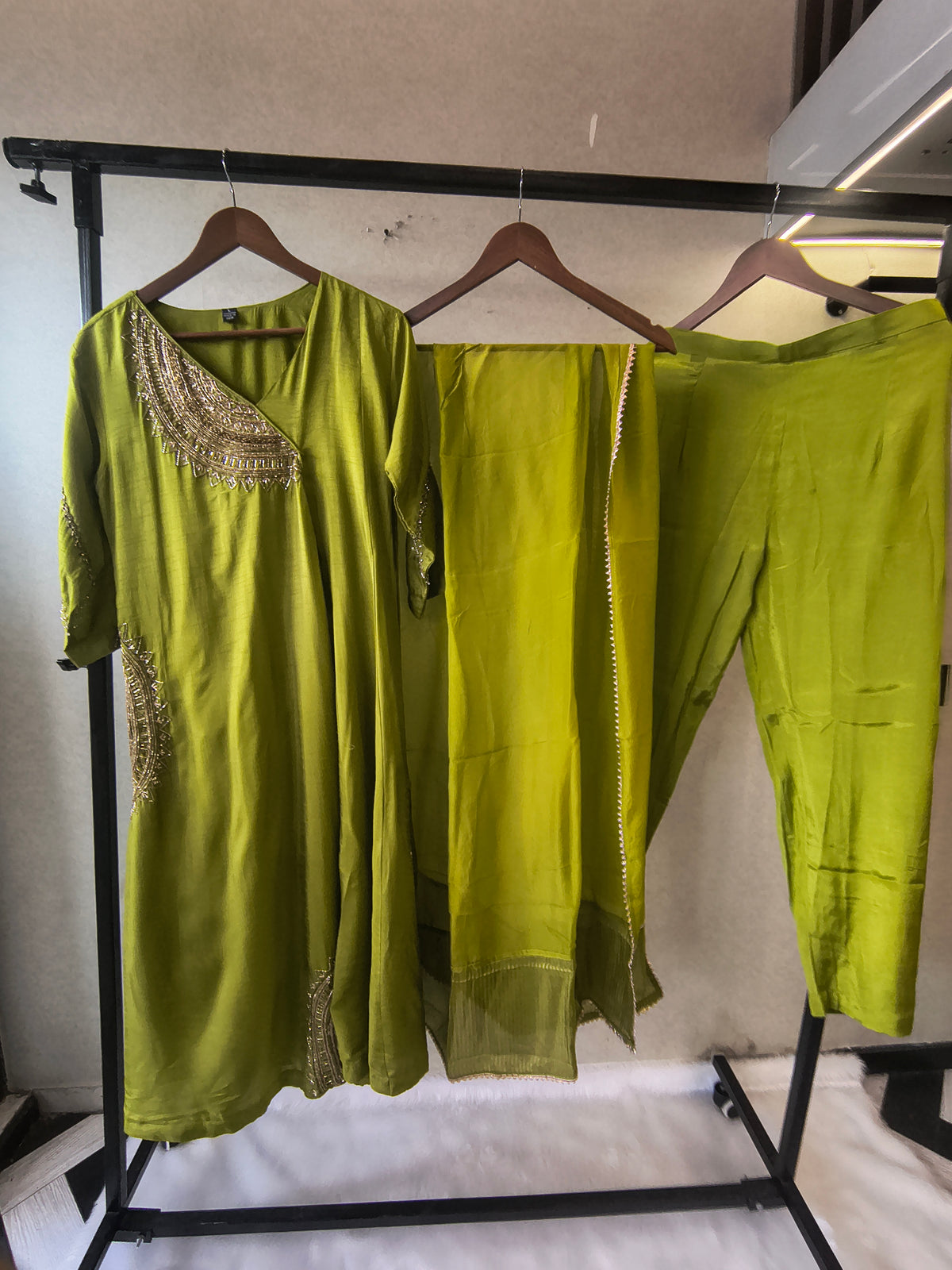 Lime Green Hand-Embroidered Designer Kurta Set with Organza Dupatta | Premium 3 Piece Ethnic Suit
