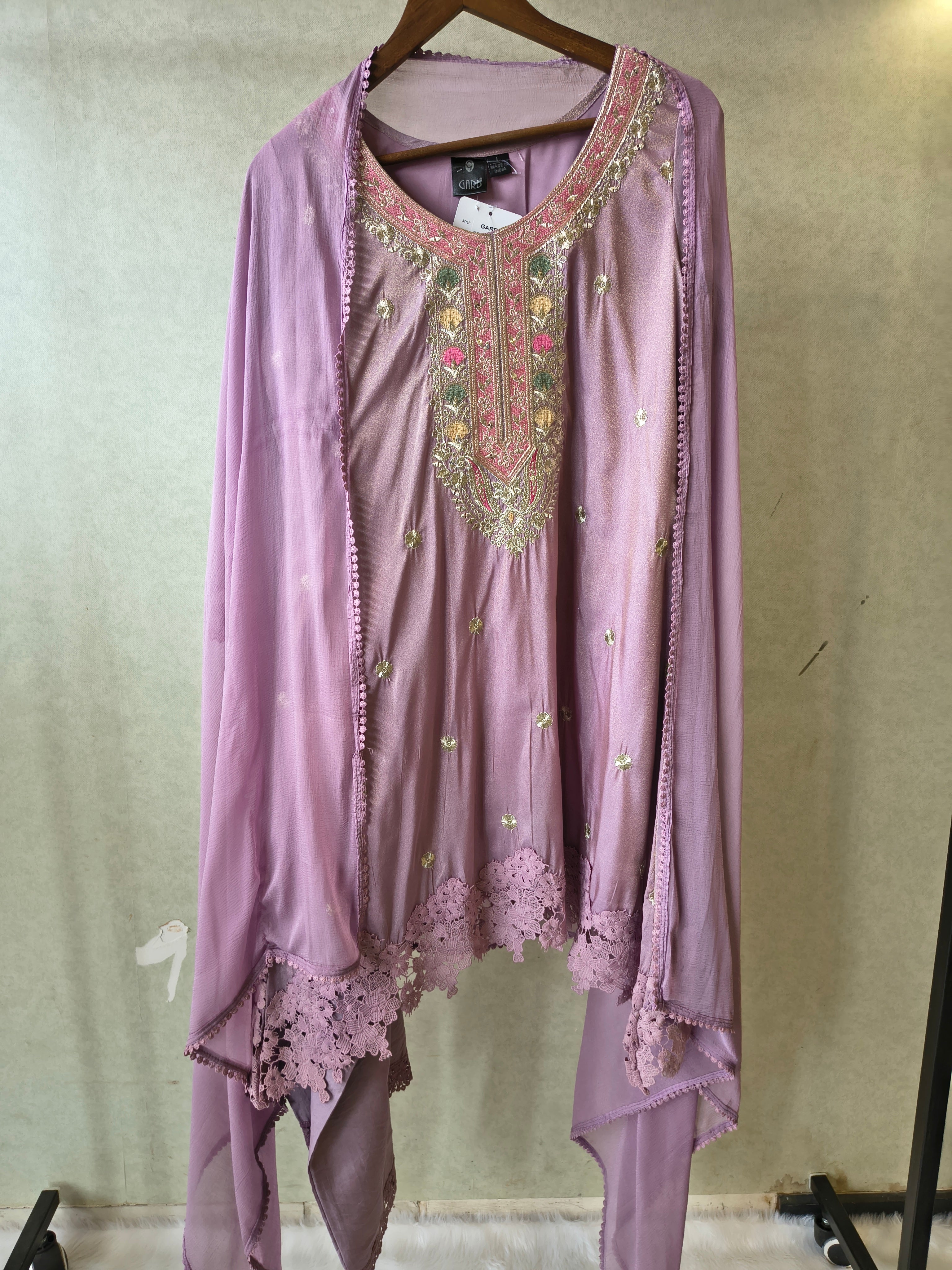 Image of Premium Dusty Lilac Embroidered Kurta Set with Lace Hem & Dupatta