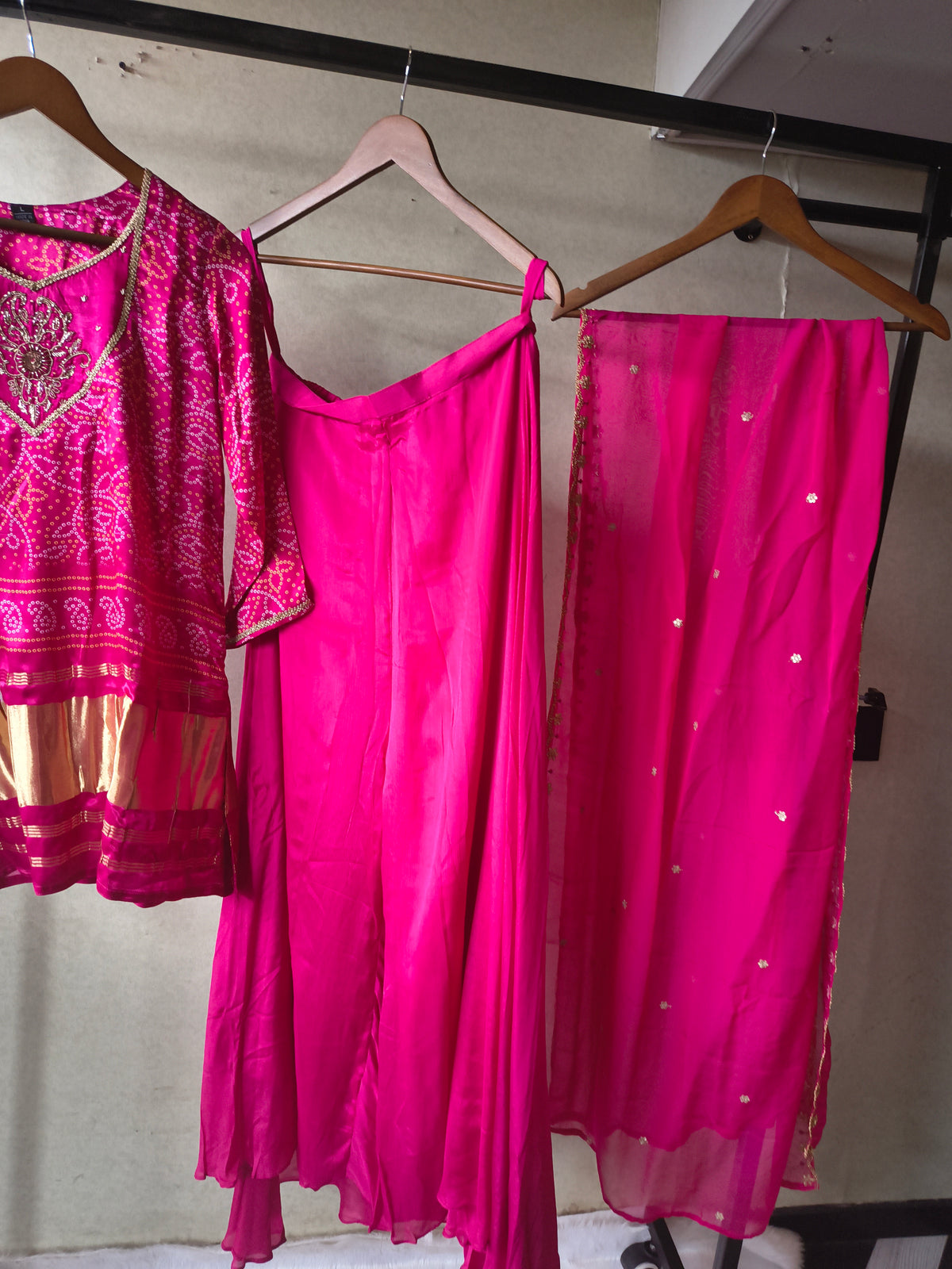 Rani Pink Bandhani Sharara Set with Zari Border & Embroidered Dupatta – Premium 3 Piece Festive Ensemble