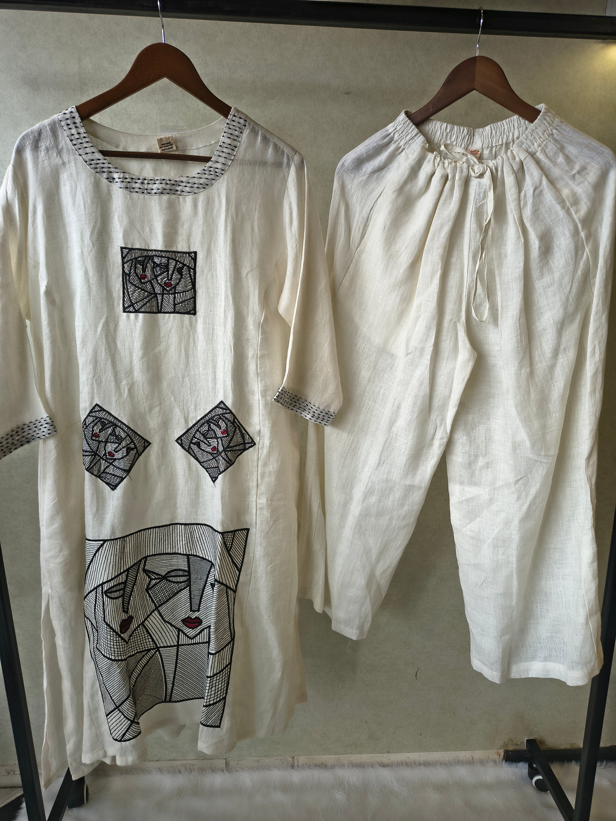 Premium Off-White Artistic Abstract Embroidered Cotton Kurta with Straight Pants Set
