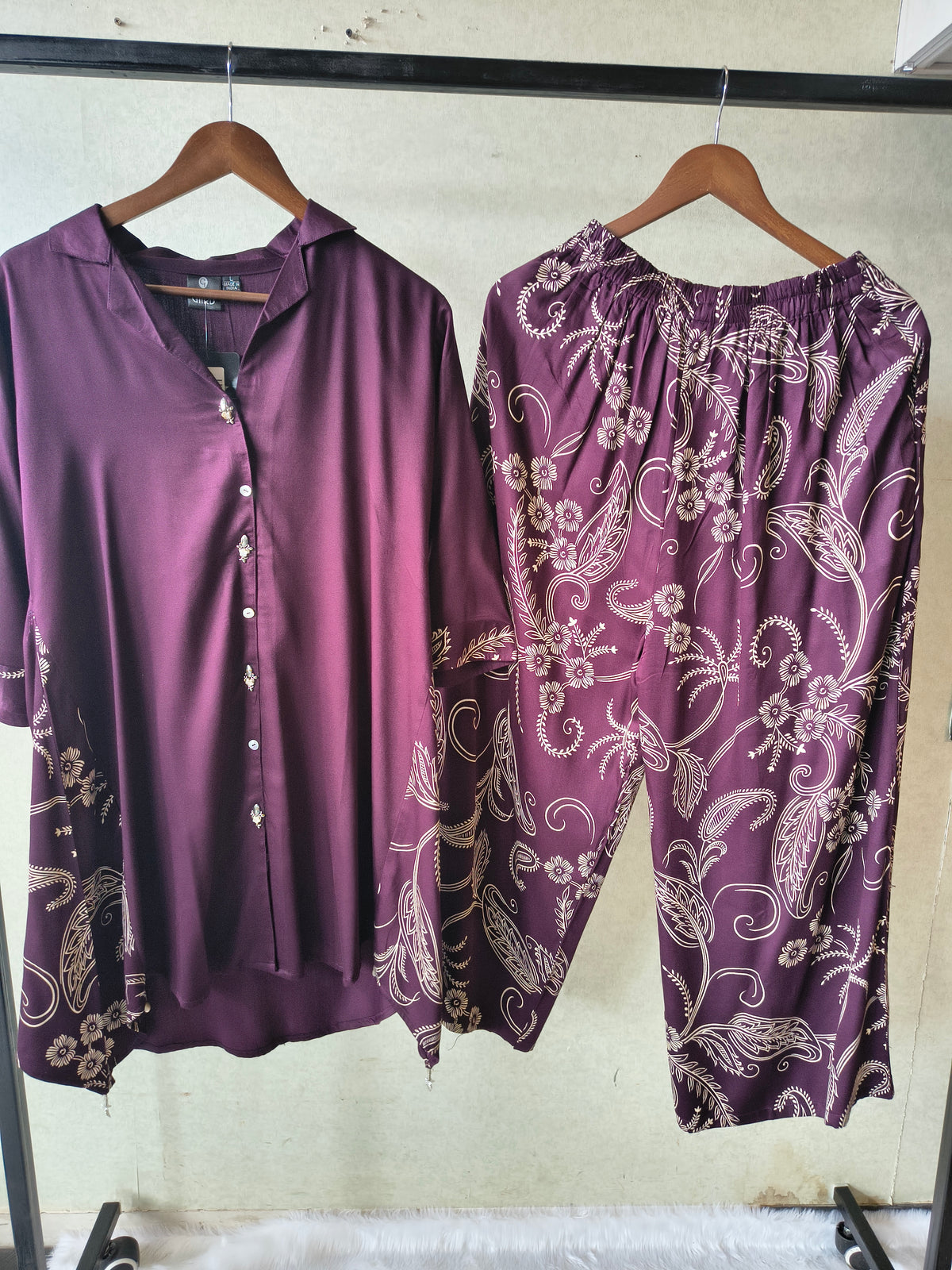 Premium Plum Satin Co-Ord Kurta Set with Printed Straight Pants