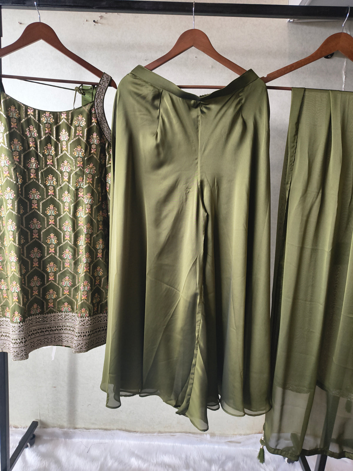 Olive Green Printed Sharara Set with Embroidered Border & Dupatta – Premium 3 Piece Festive Ensemble