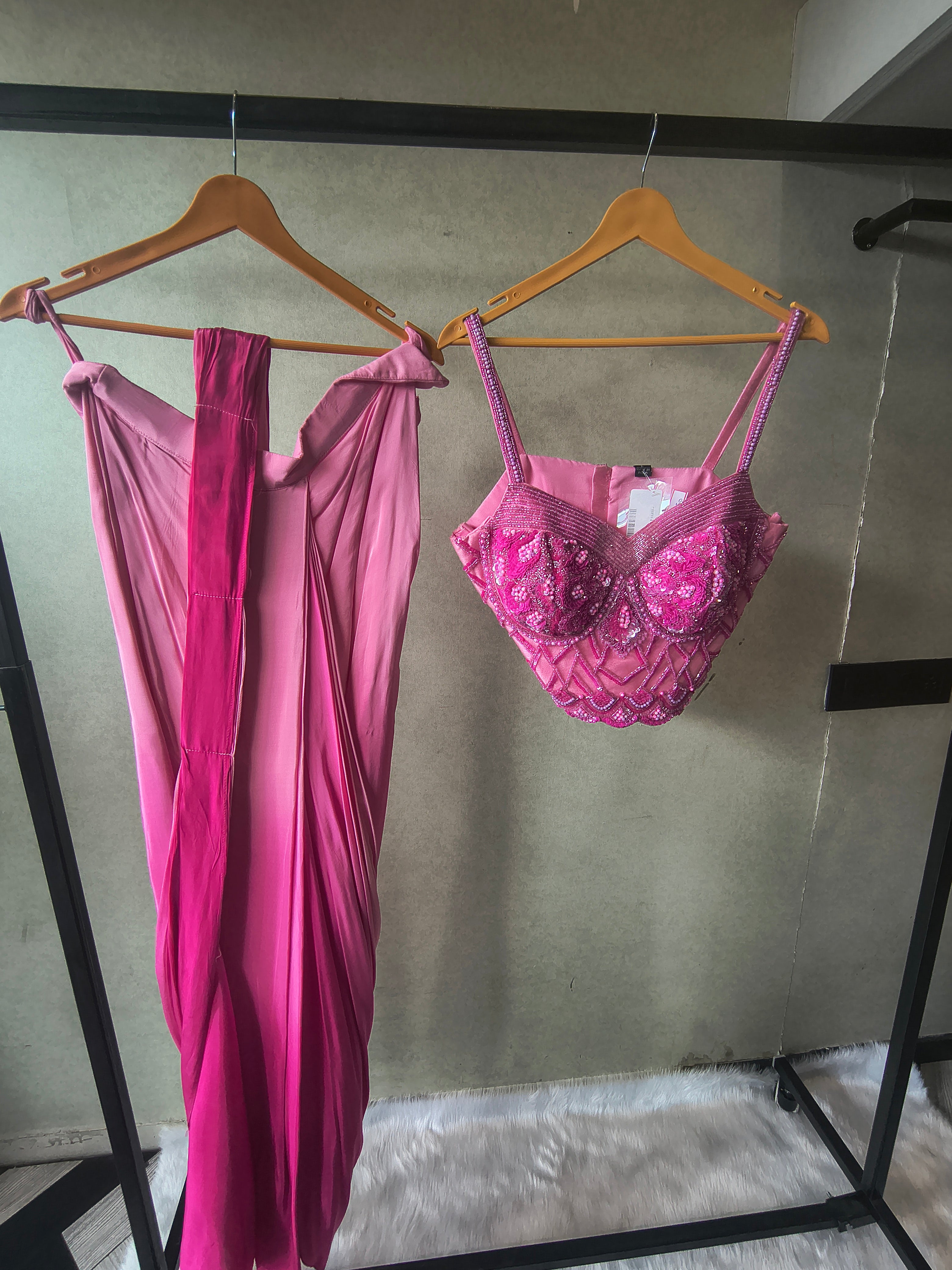 Image of Premium Ombre Pink Satin Saree with Hand Embroidered Designer Blouse