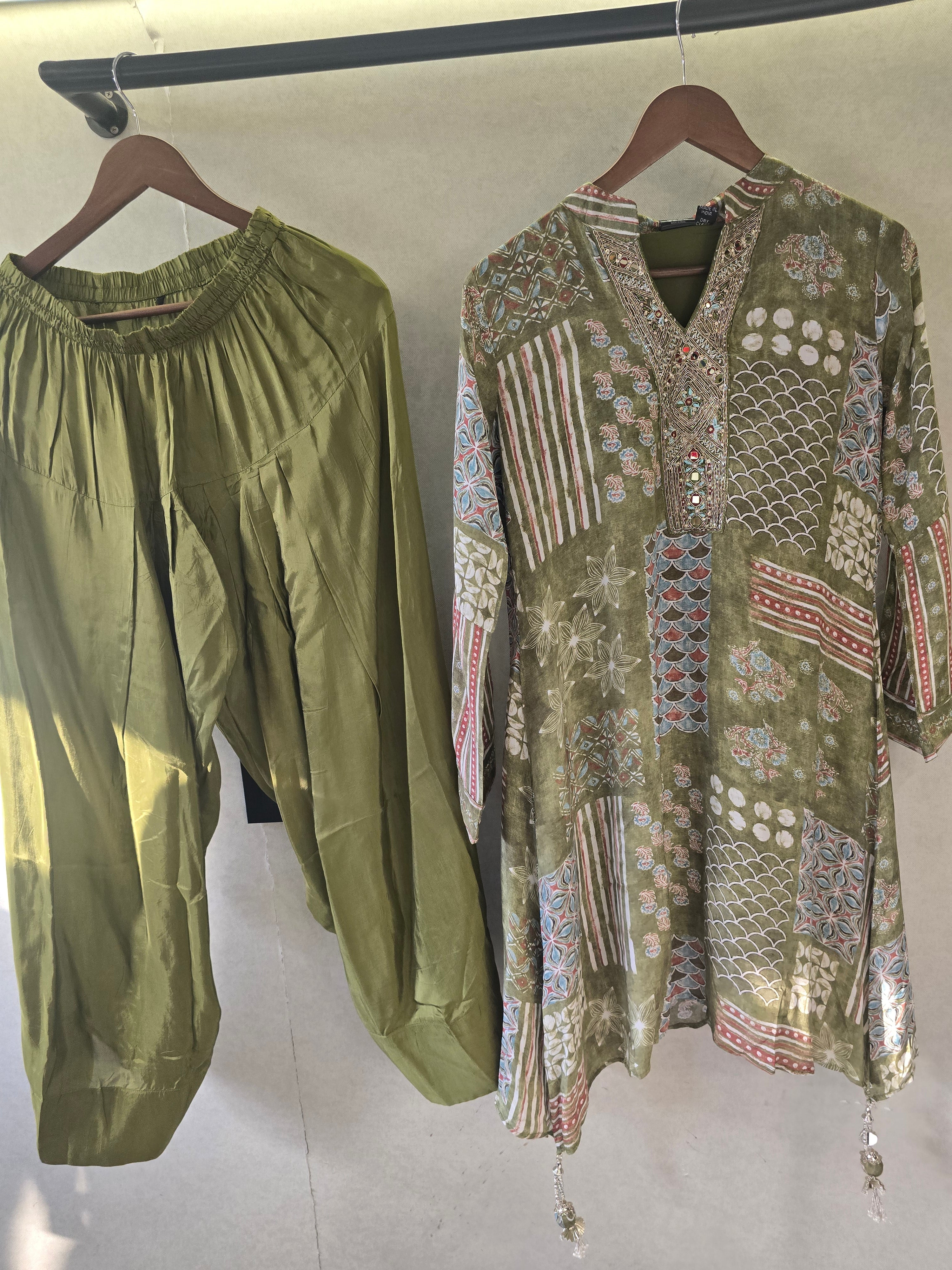 Image of Olive Patchwork Print Embroidered Co-Ord Set