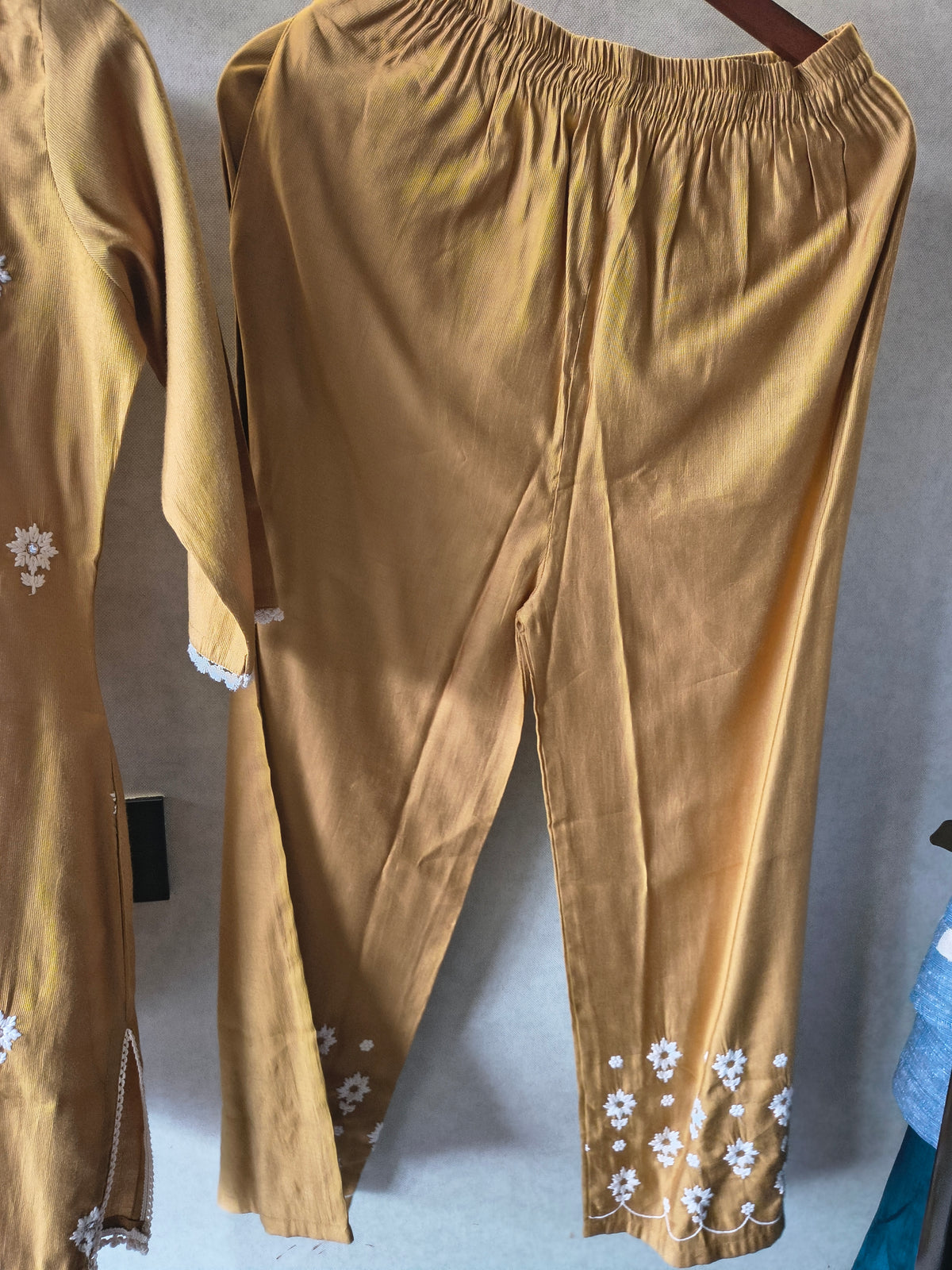 Mustard Yellow White Embroidered Premium Kurta Pant Co-Ord Set