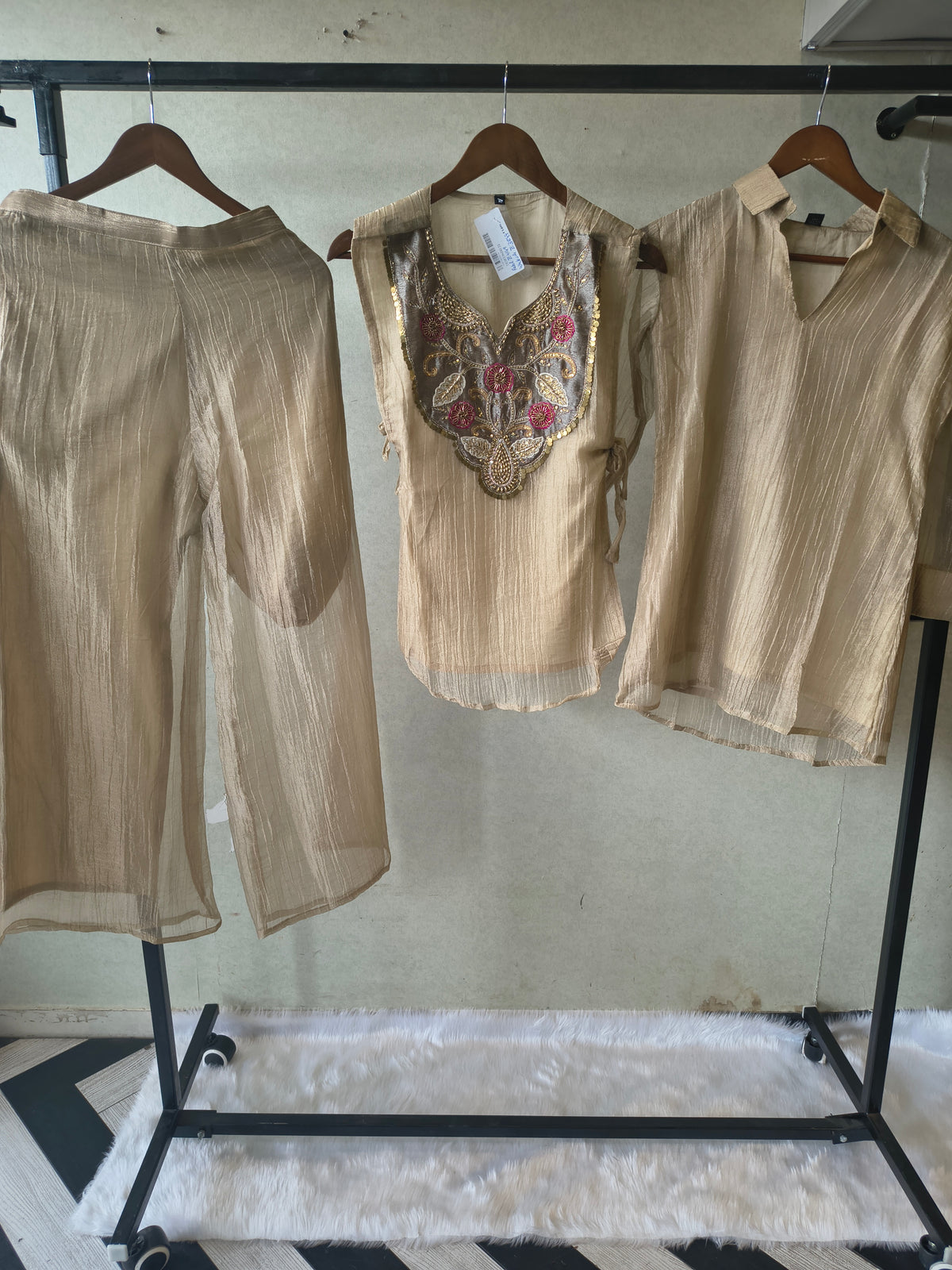 Premium Champagne Tissue Silk Embroidered Kurta with Hand Embellished Statement Yoke