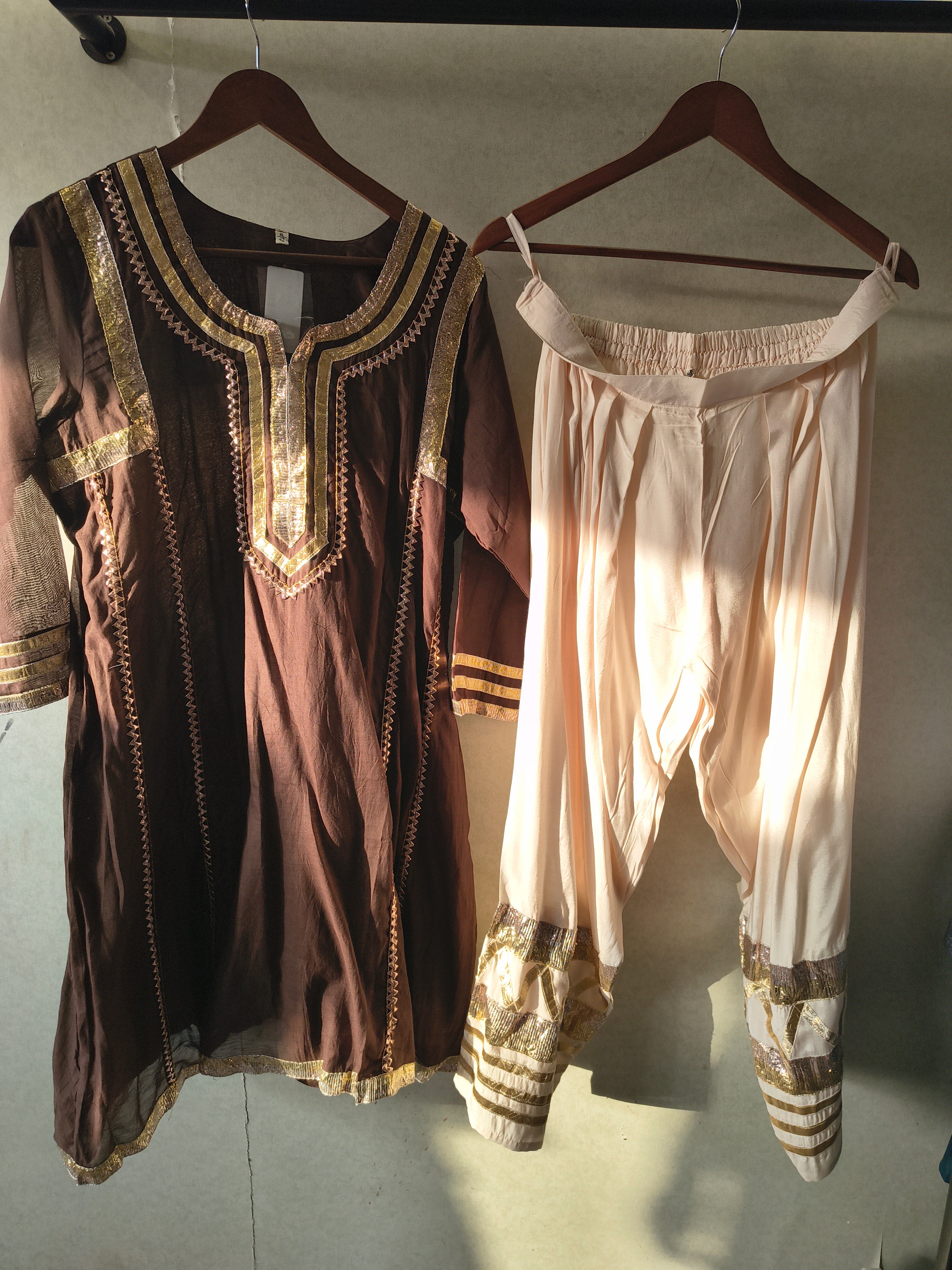 Image of Chocolate Brown Gota Patti Designer Kurta Set with Embellished Dhoti Pants