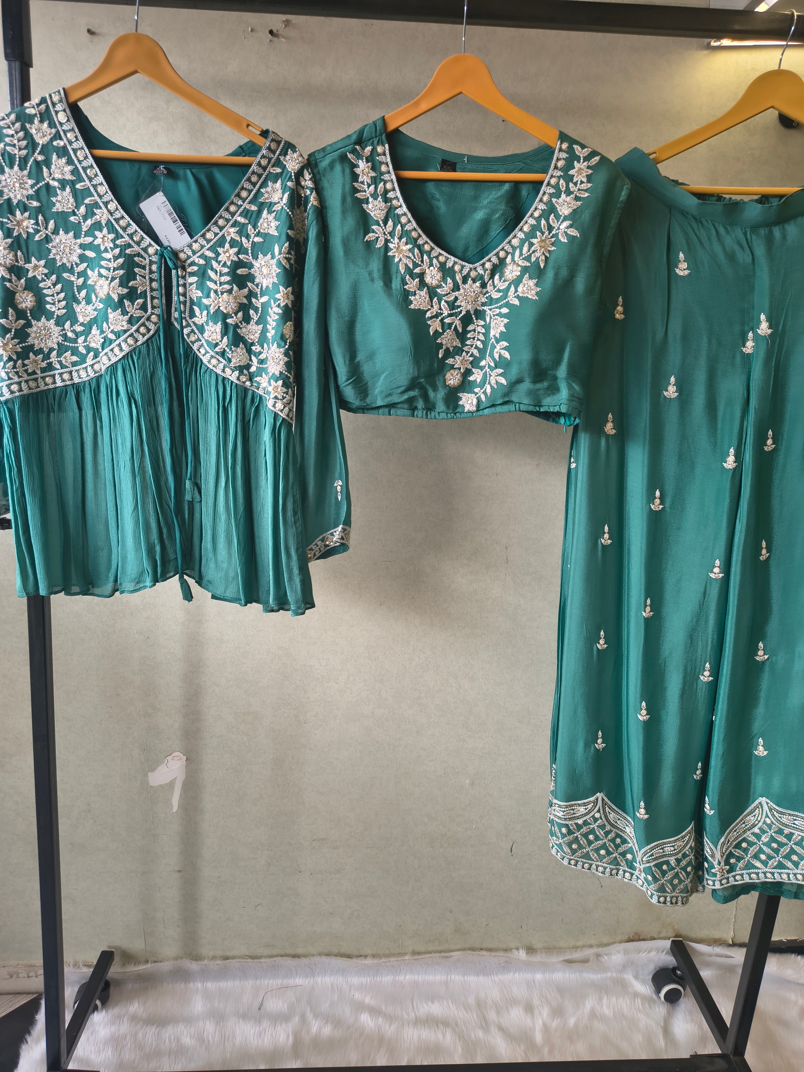 Image of Emerald Green Embroidered Peplum Jacket with Blouse & Flared Palazzo – Designer 3 Piece Indo-Western Set