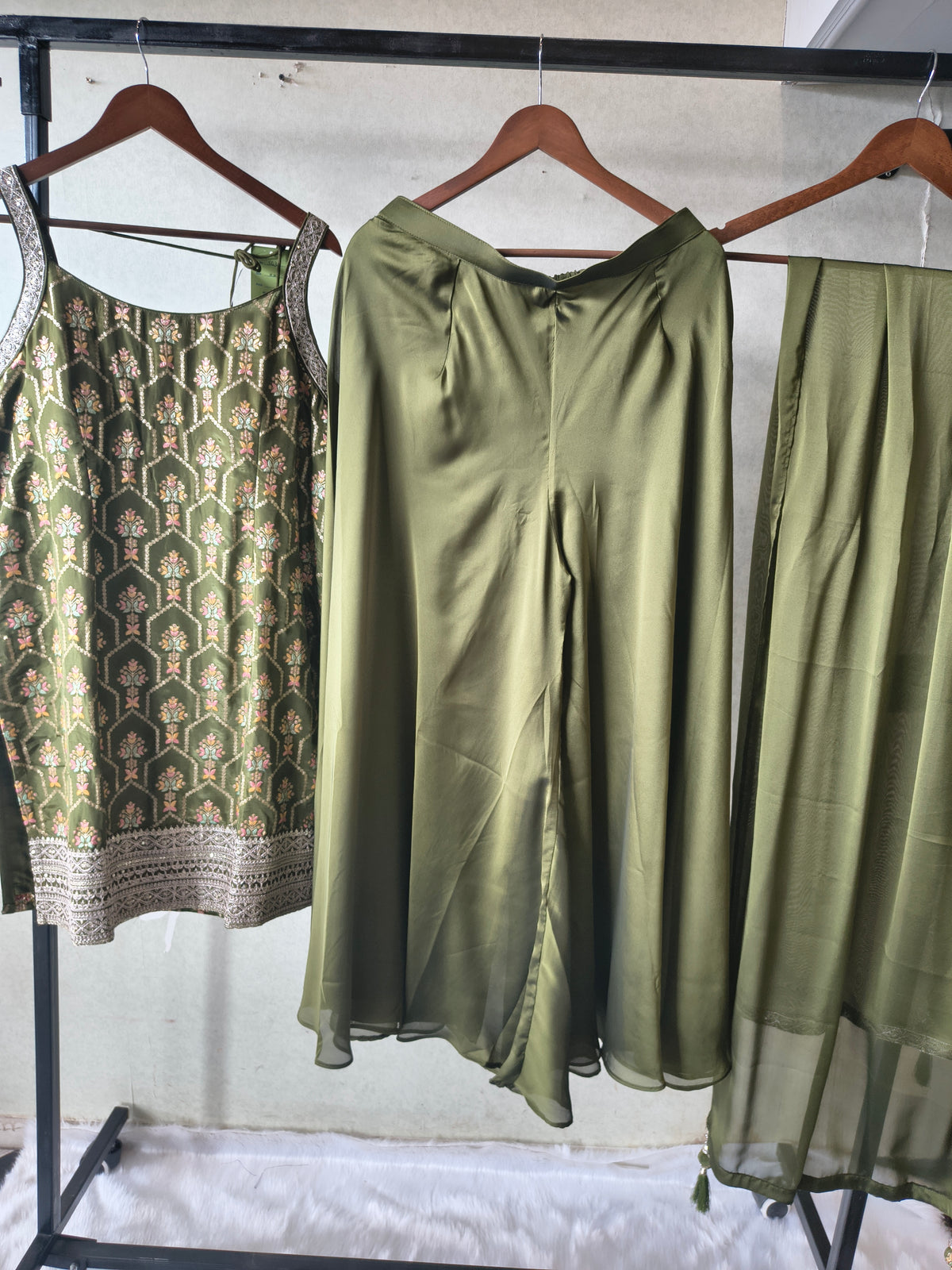 Olive Green Printed Sharara Set with Embroidered Border & Dupatta – Premium 3 Piece Festive Ensemble