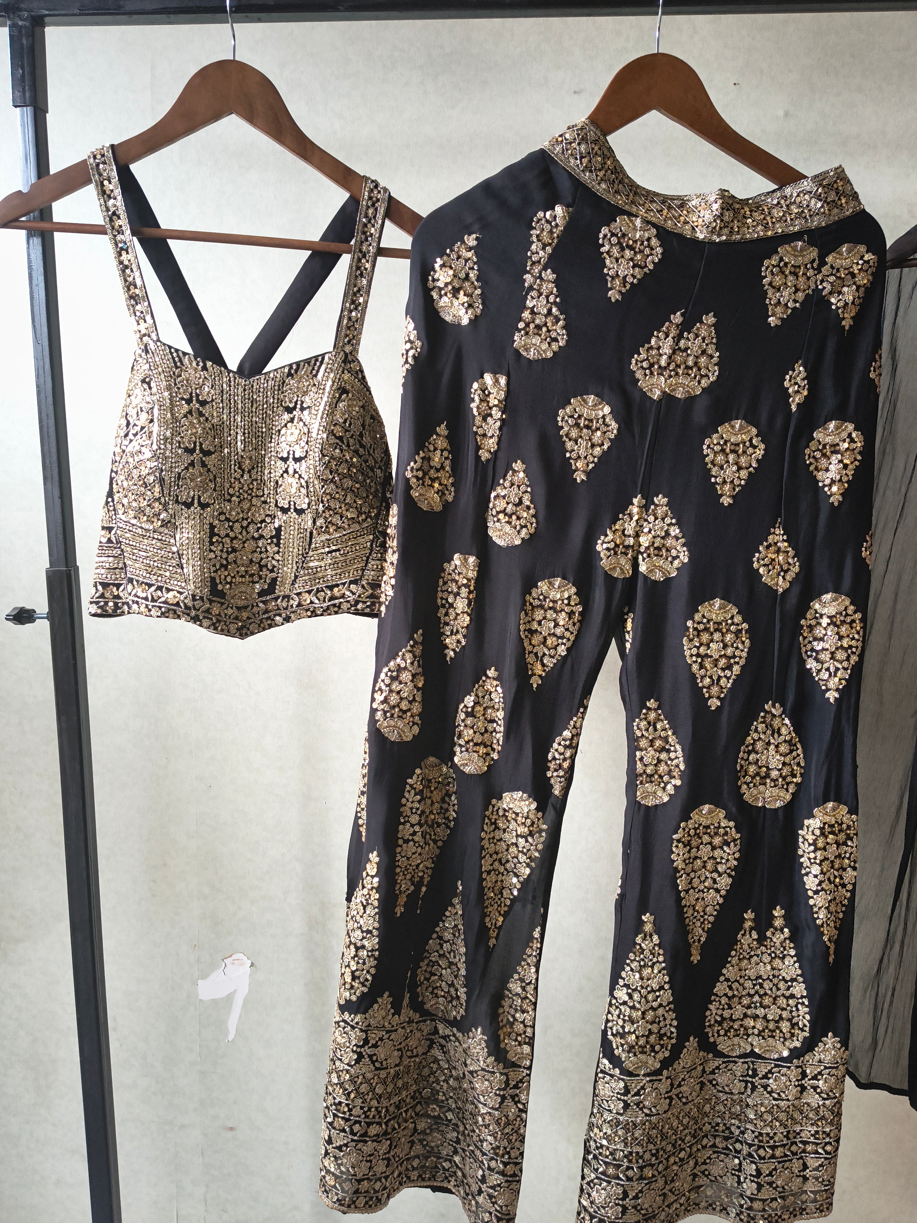 Image of Luxury Black Hand-Embroidered Bustier & Palazzo Set with Embellished Net Dupatta – 3 Piece Designer Ensemble