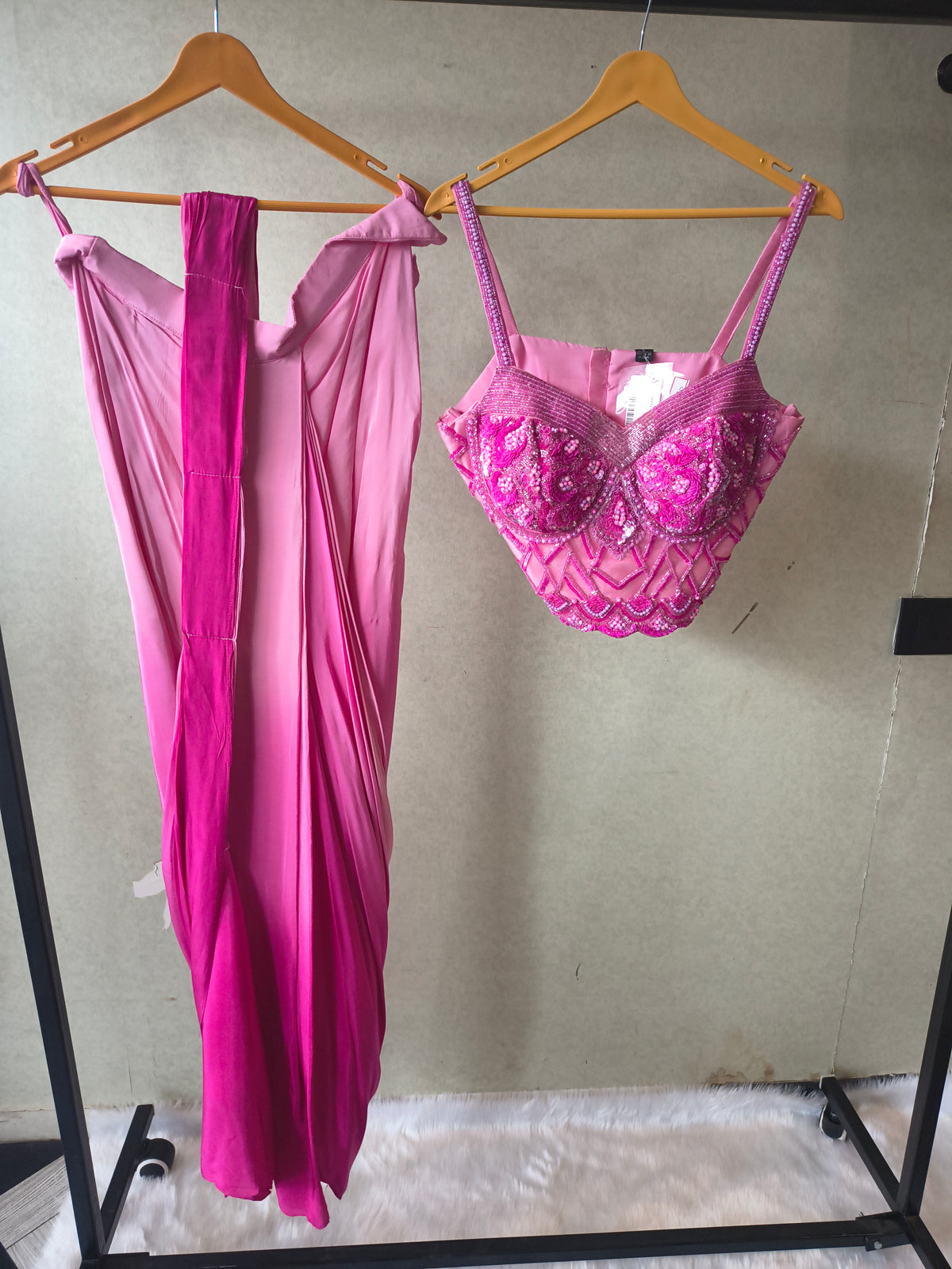 Premium Ombre Pink Satin Saree with Hand Embroidered Designer Blouse
