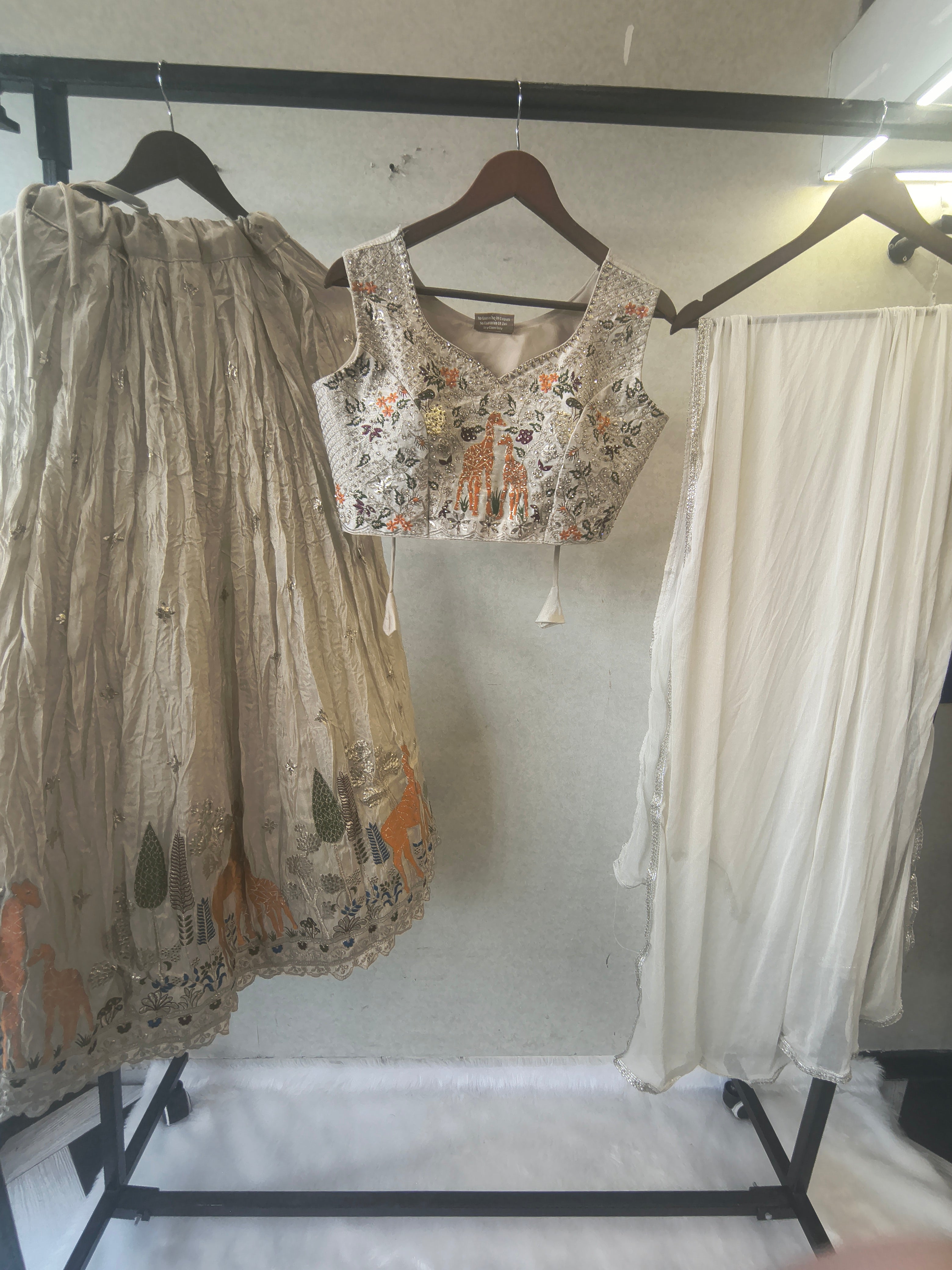 Image of Ivory Grey Hand-Embroidered Designer Lehenga Set with Statement Blouse & Soft Organza Dupatta | Premium Wedding Collection