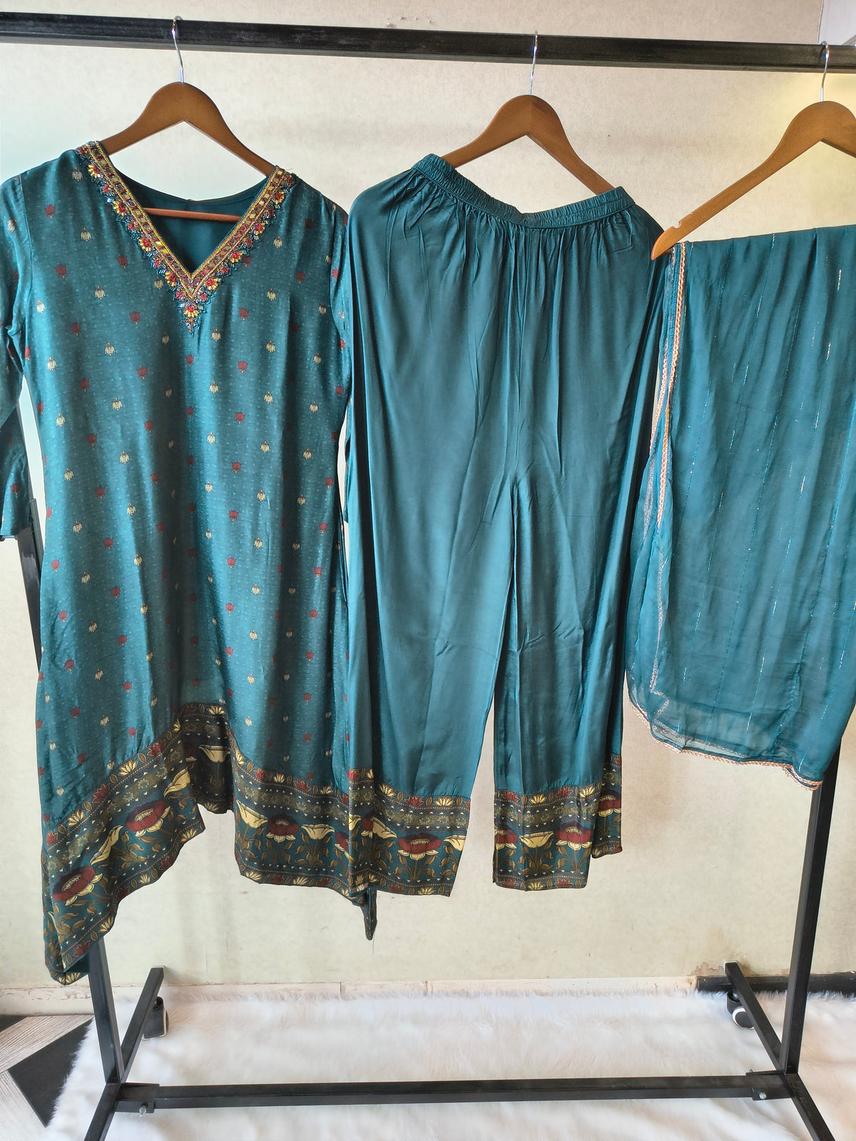 Premium Teal Printed Straight Kurta with Palazzo & Dupatta Set