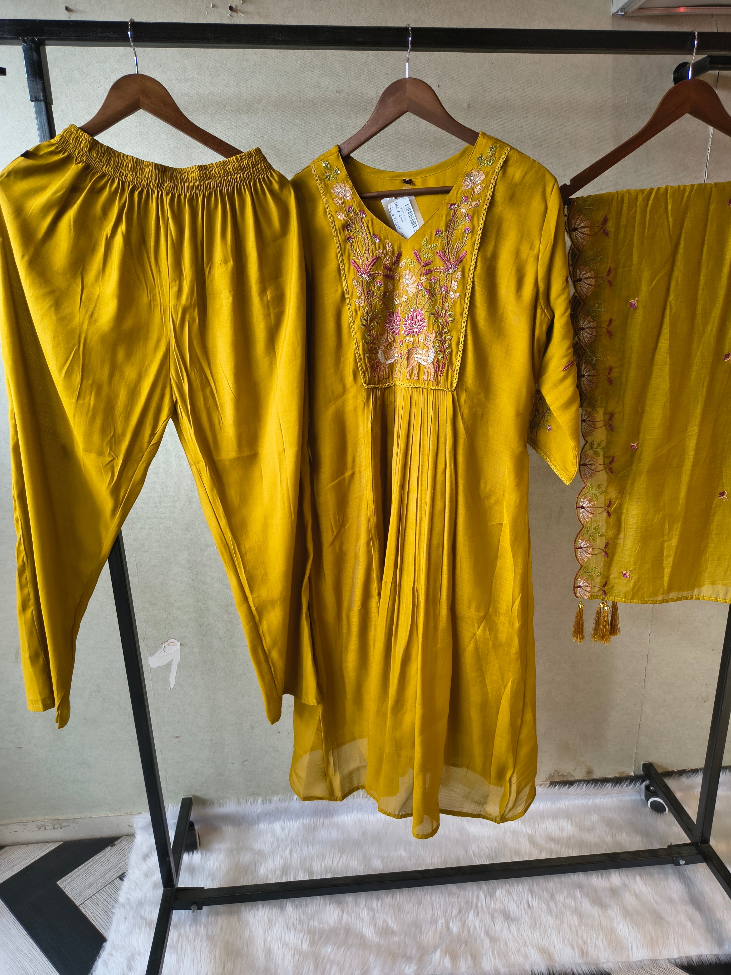 Image of Mustard Yellow Cotton Blend 3-Piece Suit Set with Floral Embroidered Yoke & Tassel Dupatta