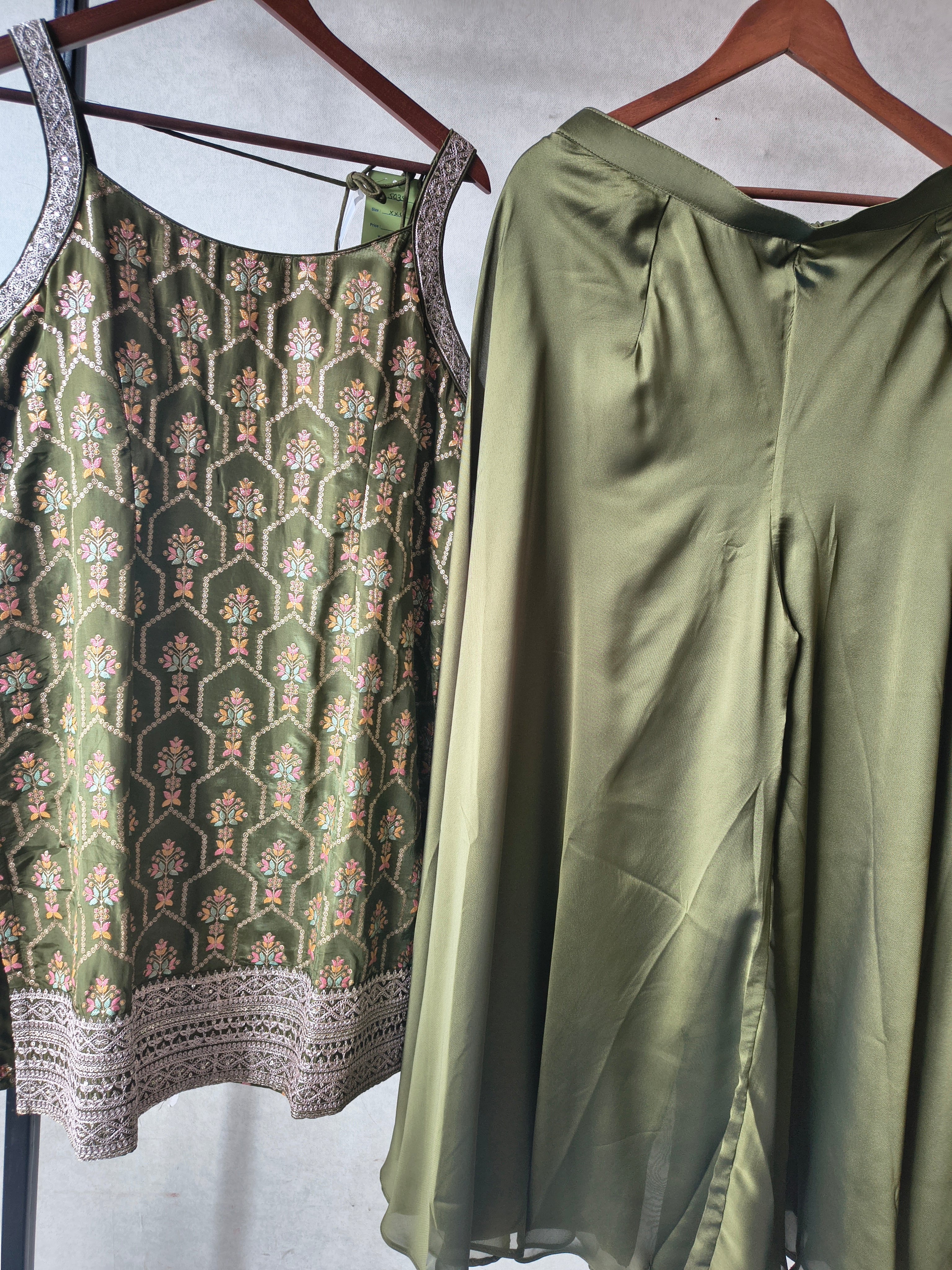 Image of Olive Green Printed Sharara Set with Embroidered Border & Dupatta – Premium 3 Piece Festive Ensemble