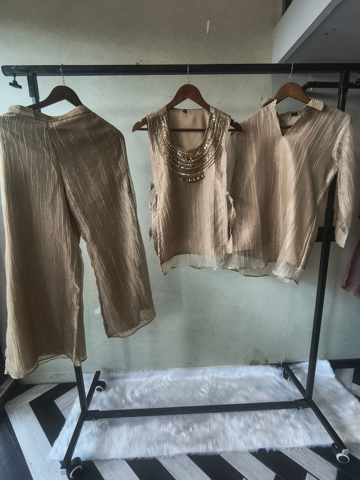 Premium Champagne Tissue Silk 3-Piece Co-Ord Set with Statement Hand Embellished Jacket, Inner & Palazzo