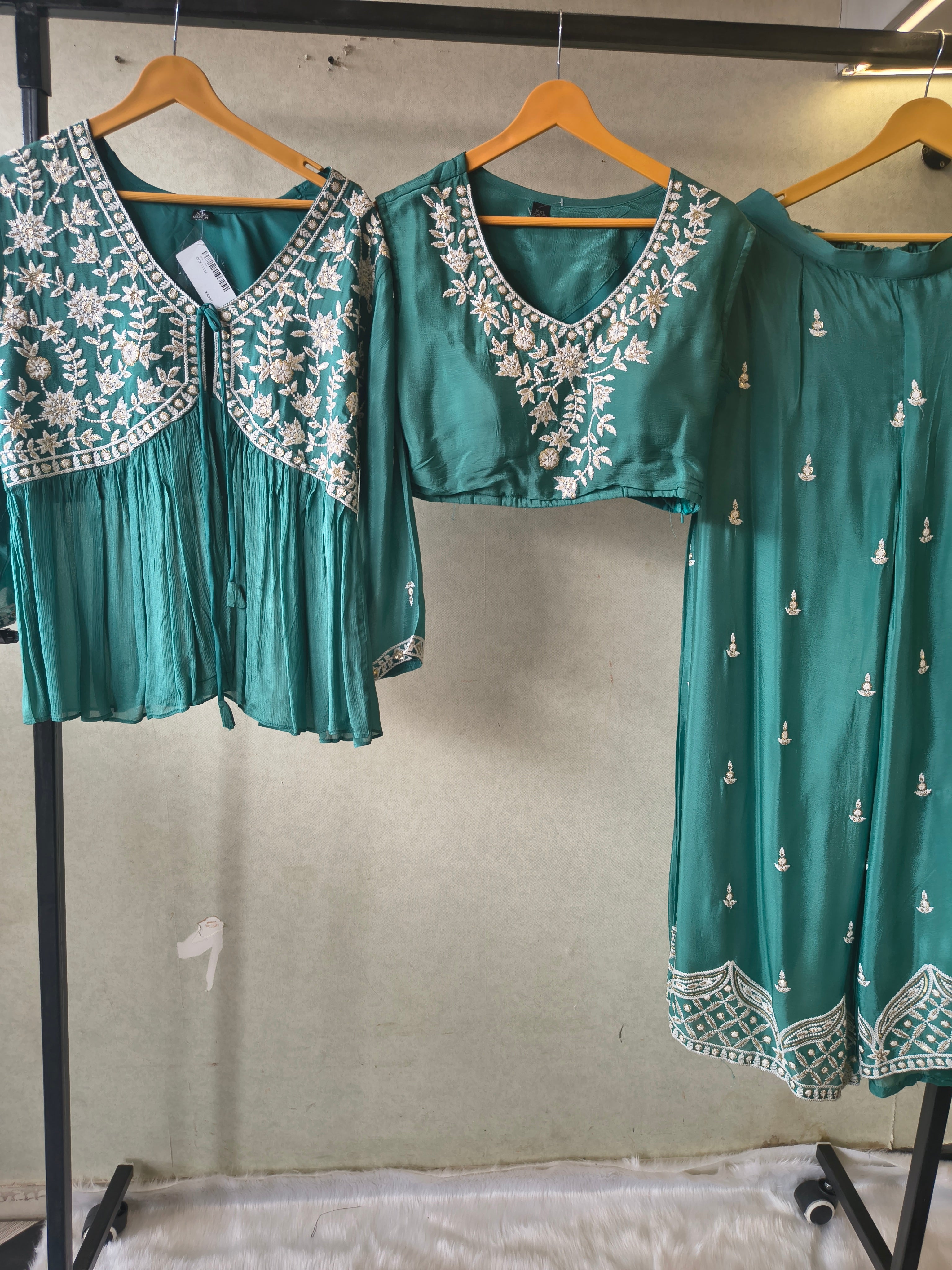 Image of Emerald Green Embroidered Peplum Jacket with Blouse & Flared Palazzo – Designer 3 Piece Indo-Western Set