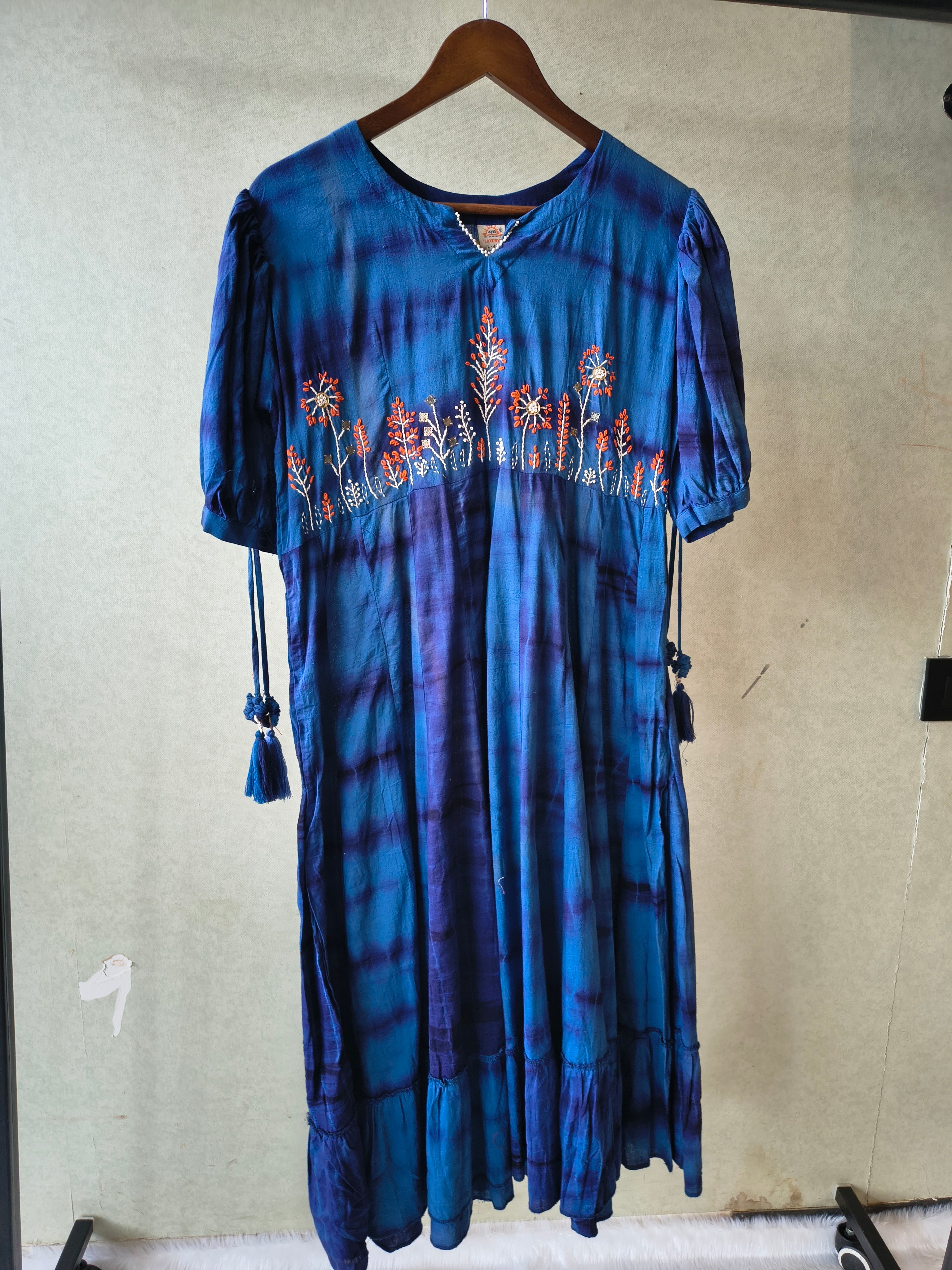 Image of Premium Indigo Tie-Dye Embroidered Cotton Flared Dress