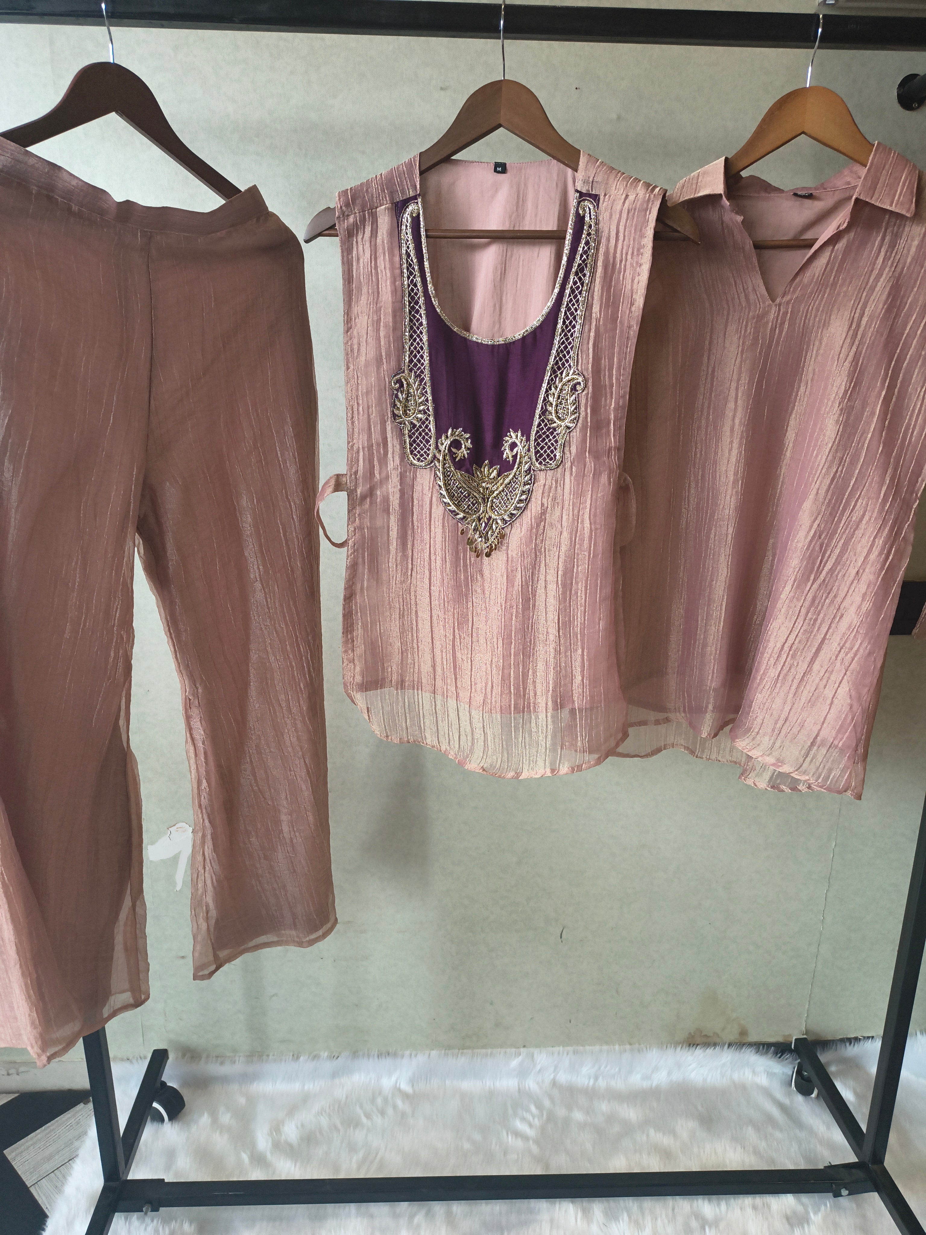 Image of Premium Champagne Tissue Silk Embroidered Kurta with Hand Embellished Statement Yoke