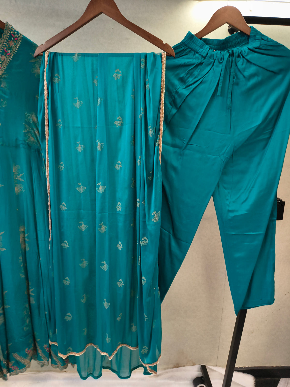 Teal Blue Floral Embroidered Anarkali Kurta Set with Straight Pants & Embroidered Chiffon Dupatta | Premium 3 Piece Festive Ensemble