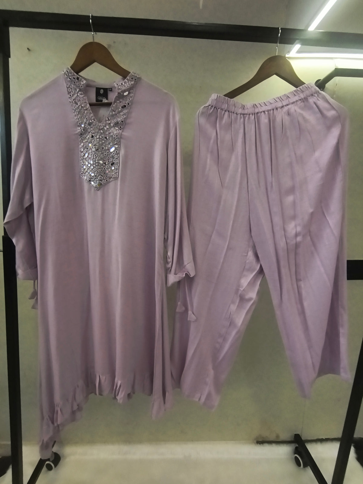 Premium Lilac Mirror Work Co-Ord Kurta Set with Designer Embellished Neckline