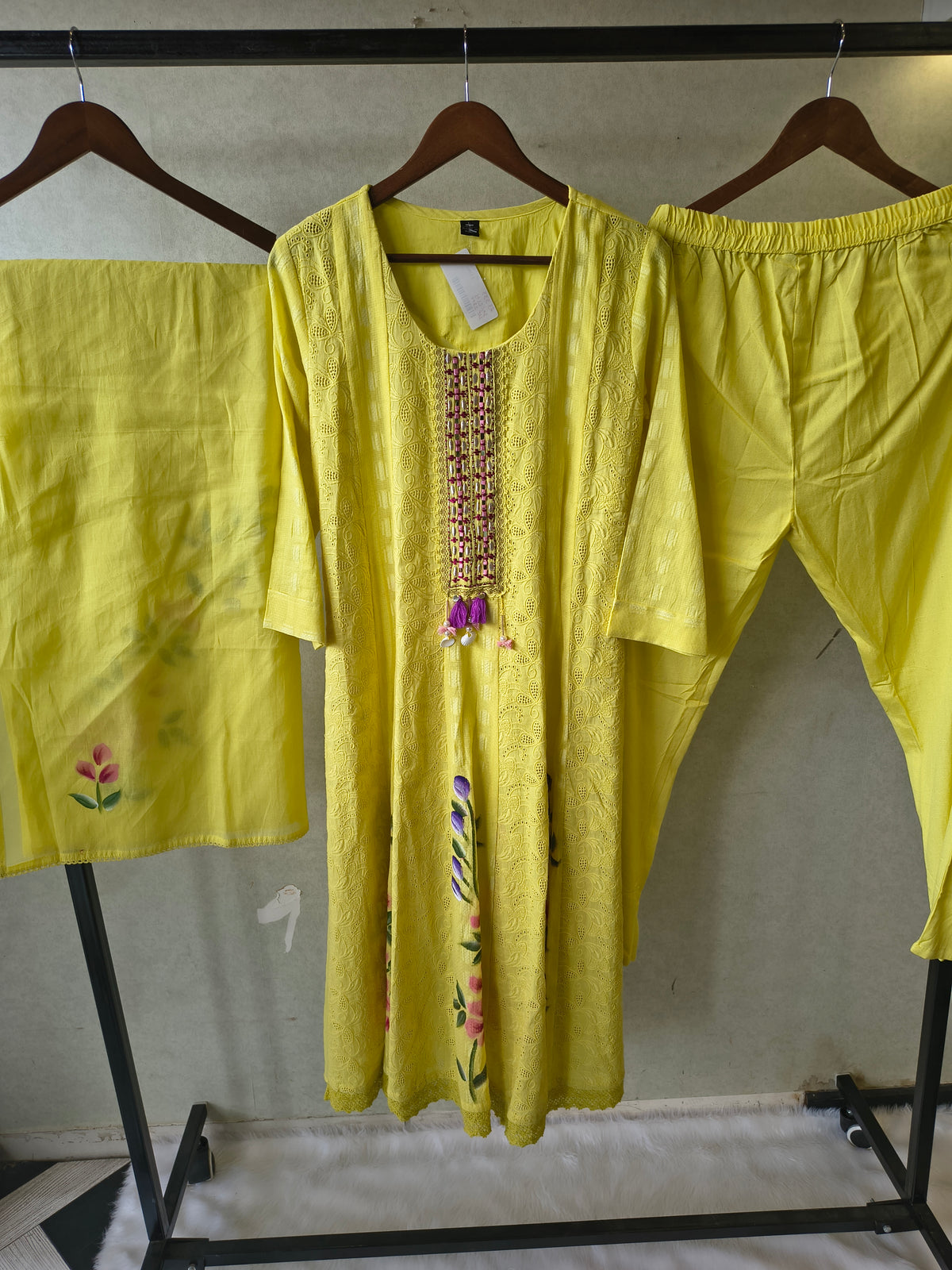 Premium Sunshine Yellow Schiffli Embroidered Kurta Set with Floral Handwork & Dupatta