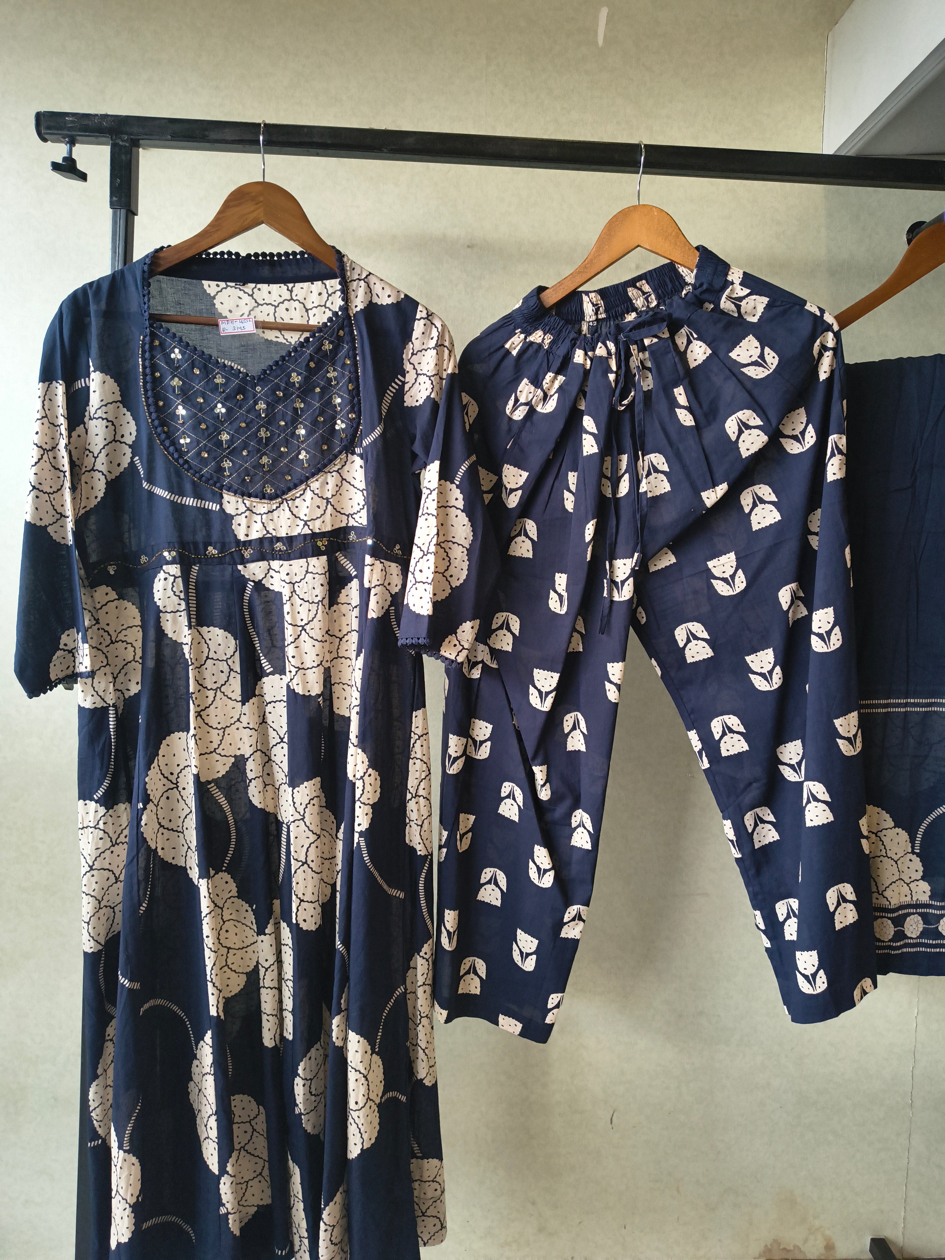 Image of Premium Navy Blue Handblock Printed Cotton Anarkali Suit Set with Printed Pants & Dupatta