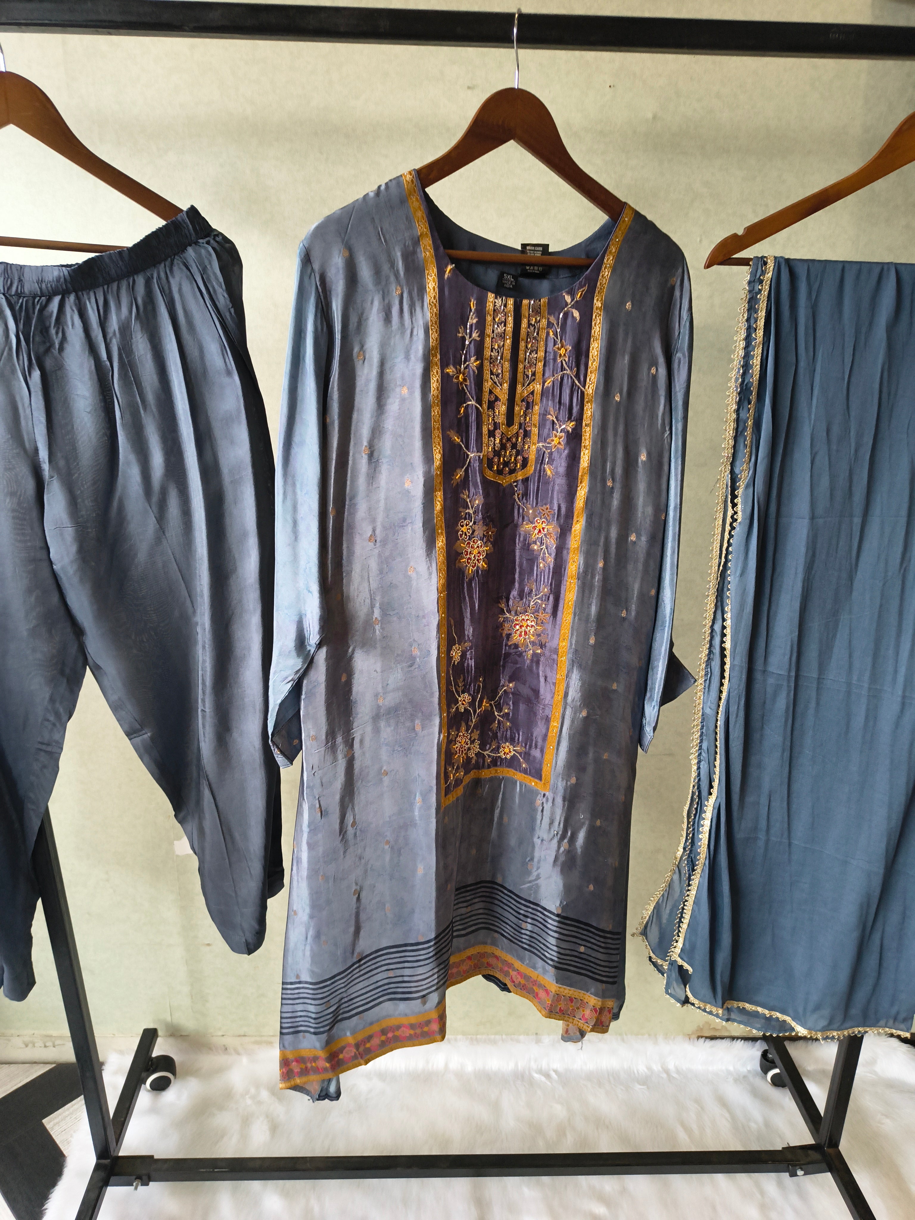 Image of Steel Blue Designer Silk Blend Embroidered Kurta Set with Pants & Dupatta