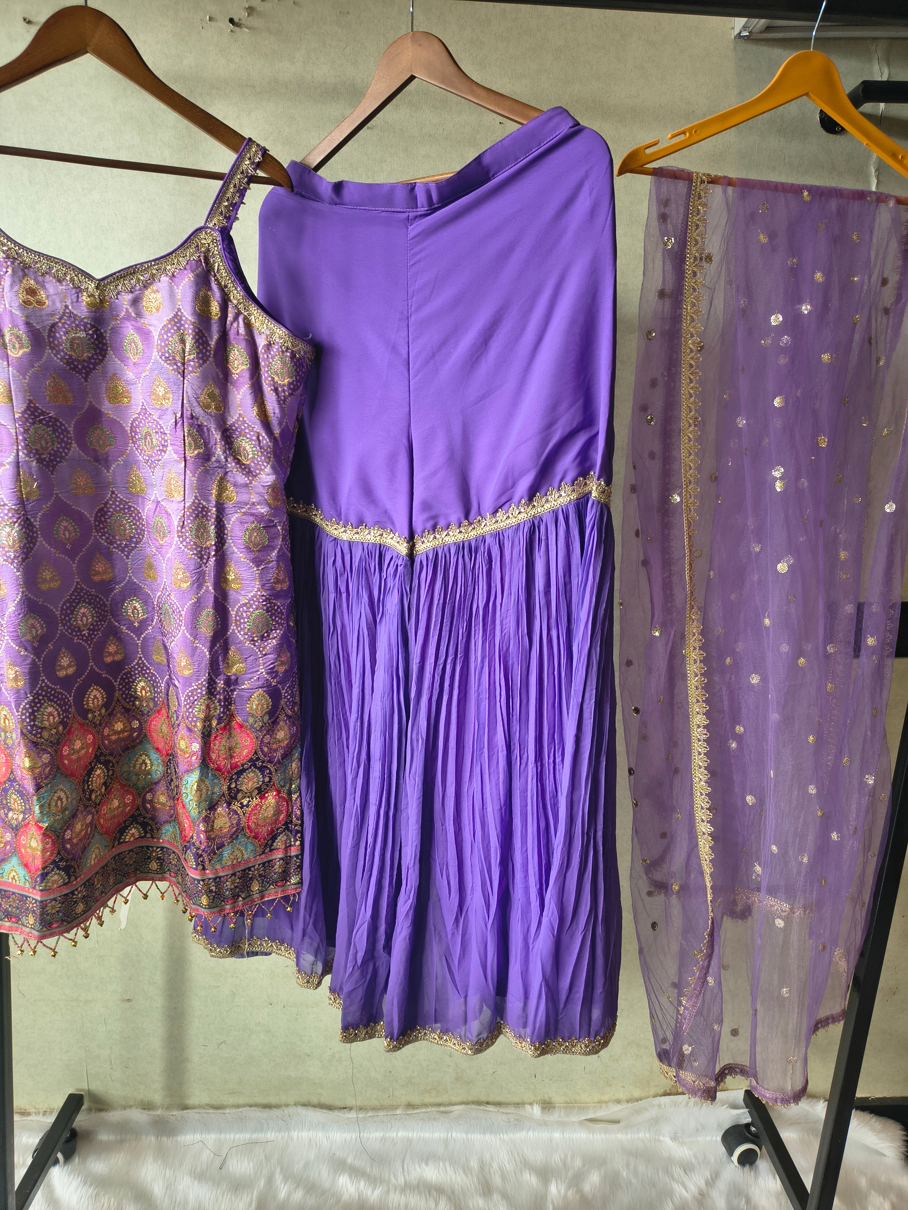 Image of Lavender Brocade Kurti Sharara Set with Sequinned Dupatta – Premium 3 Piece Festive Ensemble