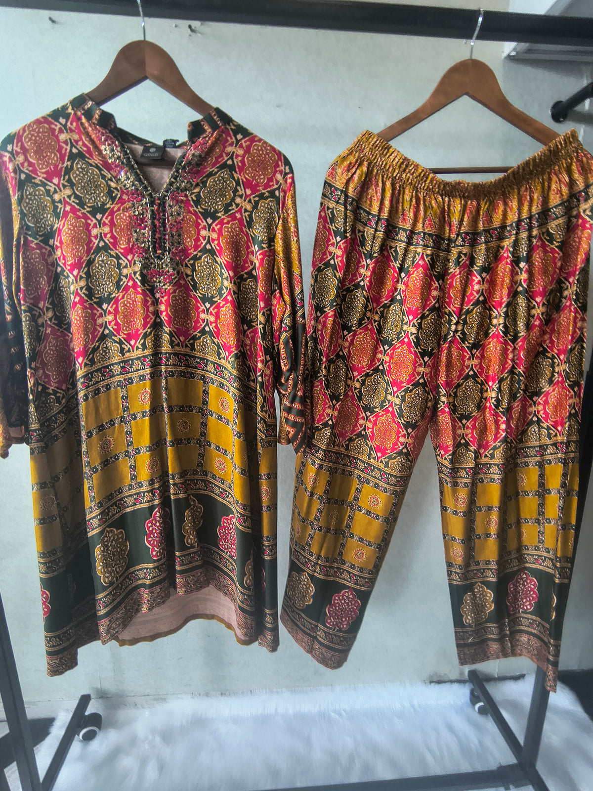 Premium Olive Green & Mustard Heritage Print Co-Ord Kurta Set with Straight Pants