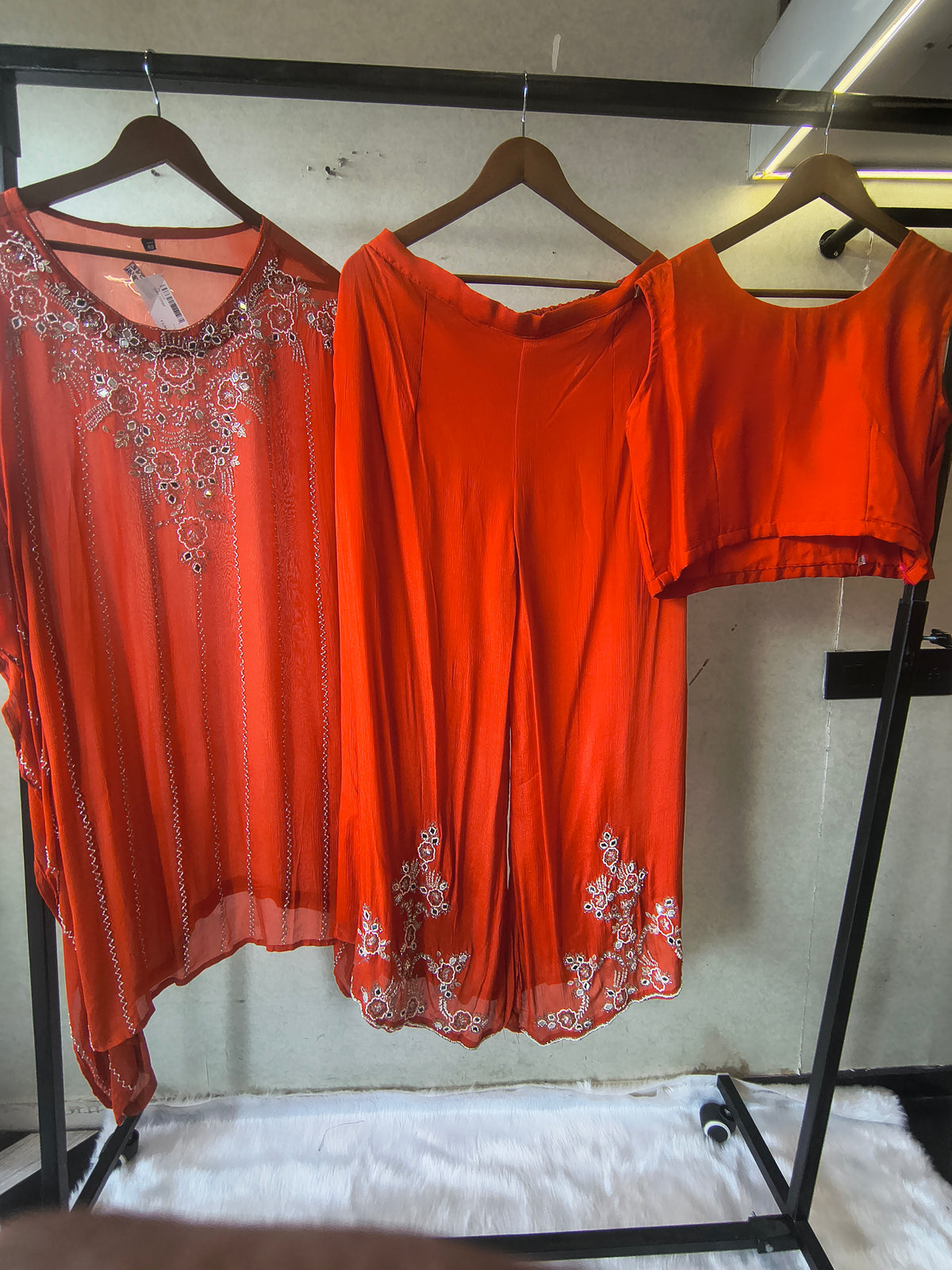 Rust Orange Embroidered Kaftan Co-Ord Set with Palazzo & Blouse – Designer 3 Piece Indo-Western Fusion Wear