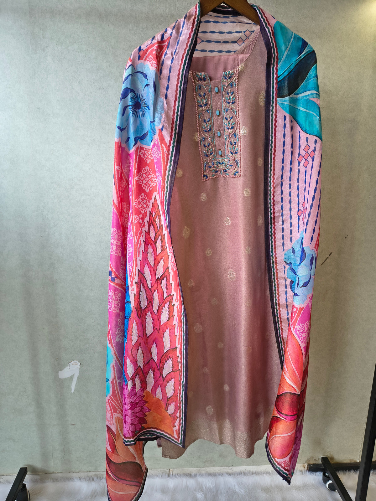 Premium Blush Pink Embroidered Straight Kurta with Cigarette Pants & Designer Printed Dupatta Set