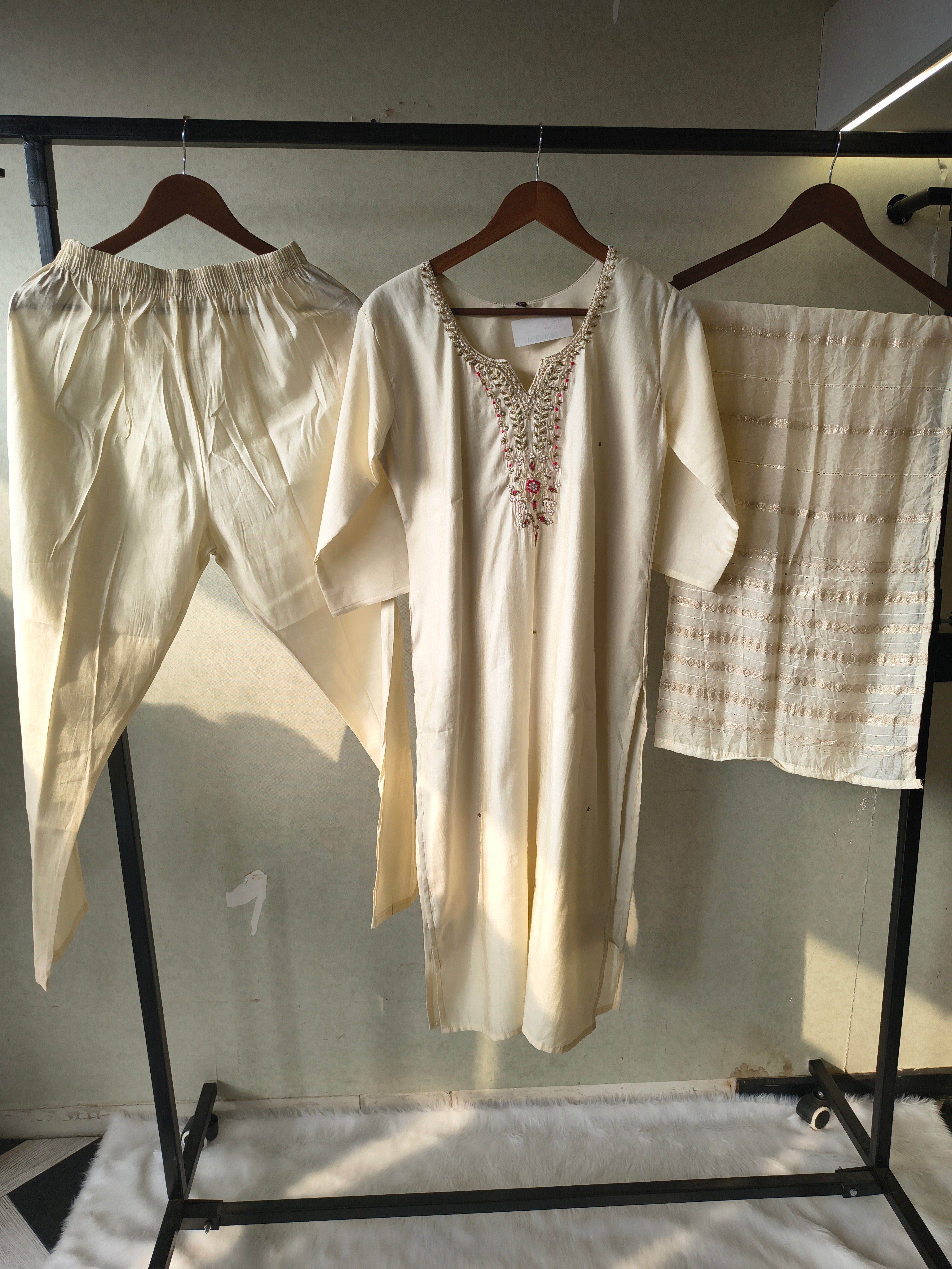 Image of Premium Ivory Hand-Embroidered Straight Kurta with Cotton Pants & Woven Dupatta Set
