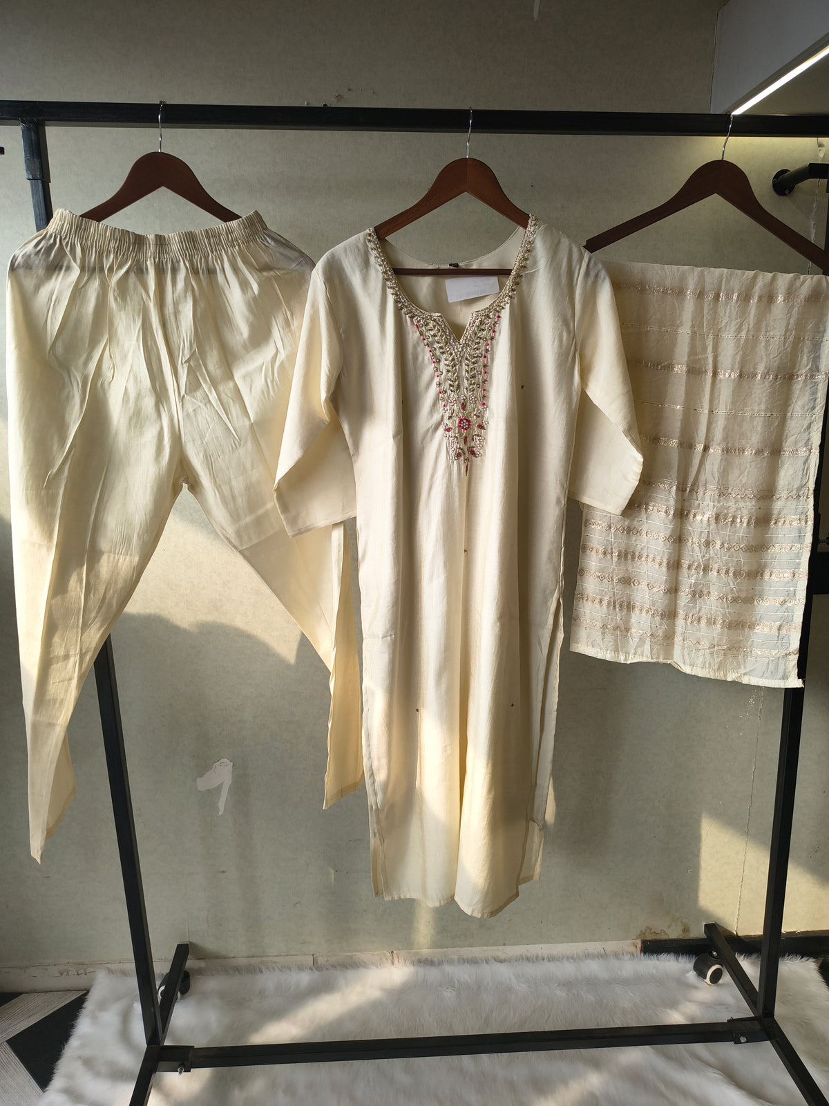 Premium Ivory Hand-Embroidered Straight Kurta with Cotton Pants & Woven Dupatta Set