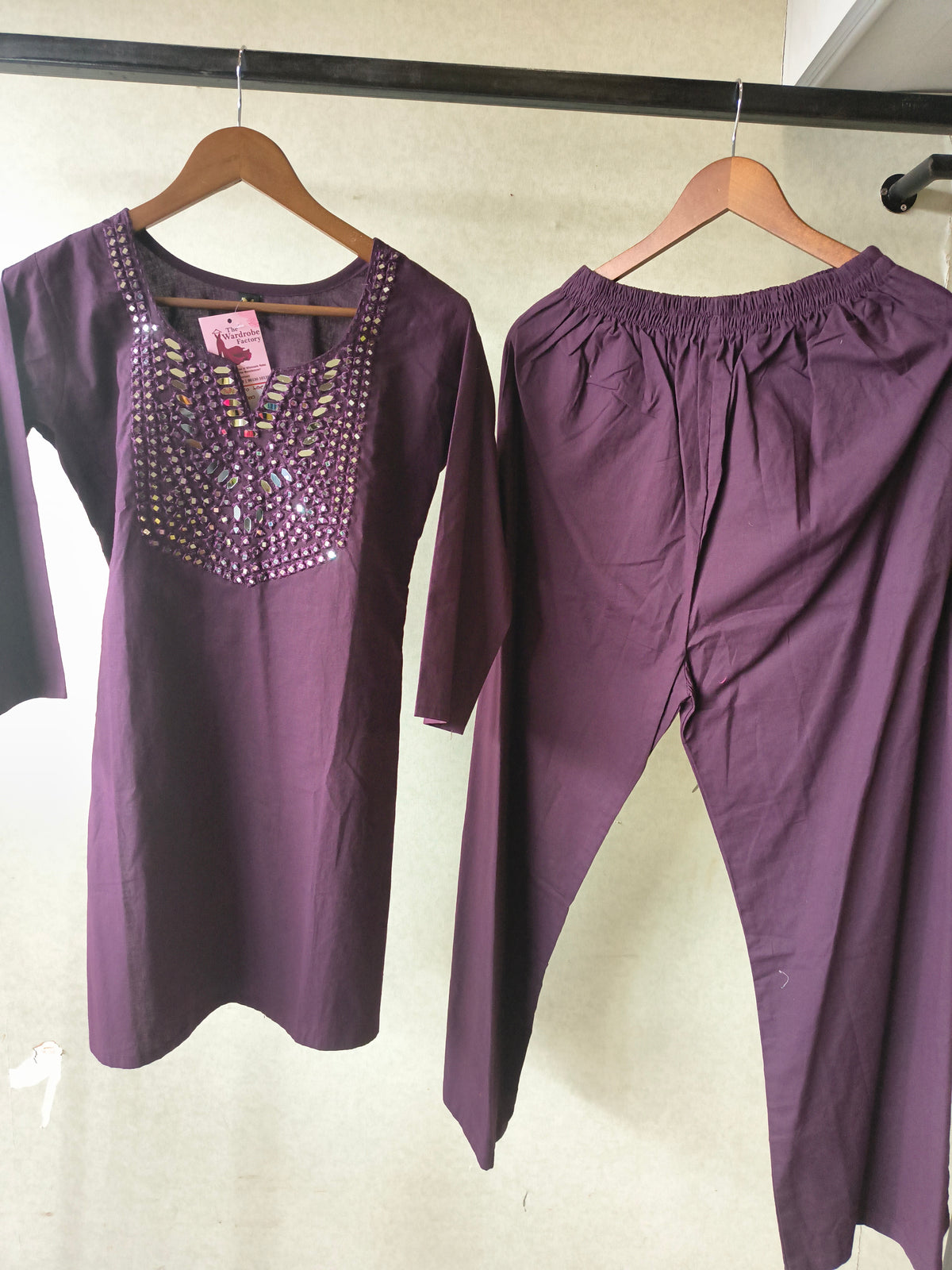 Premium Deep Wine Straight Kurta Set with Mirror Embellished Yoke & Solid Palazzo Pants