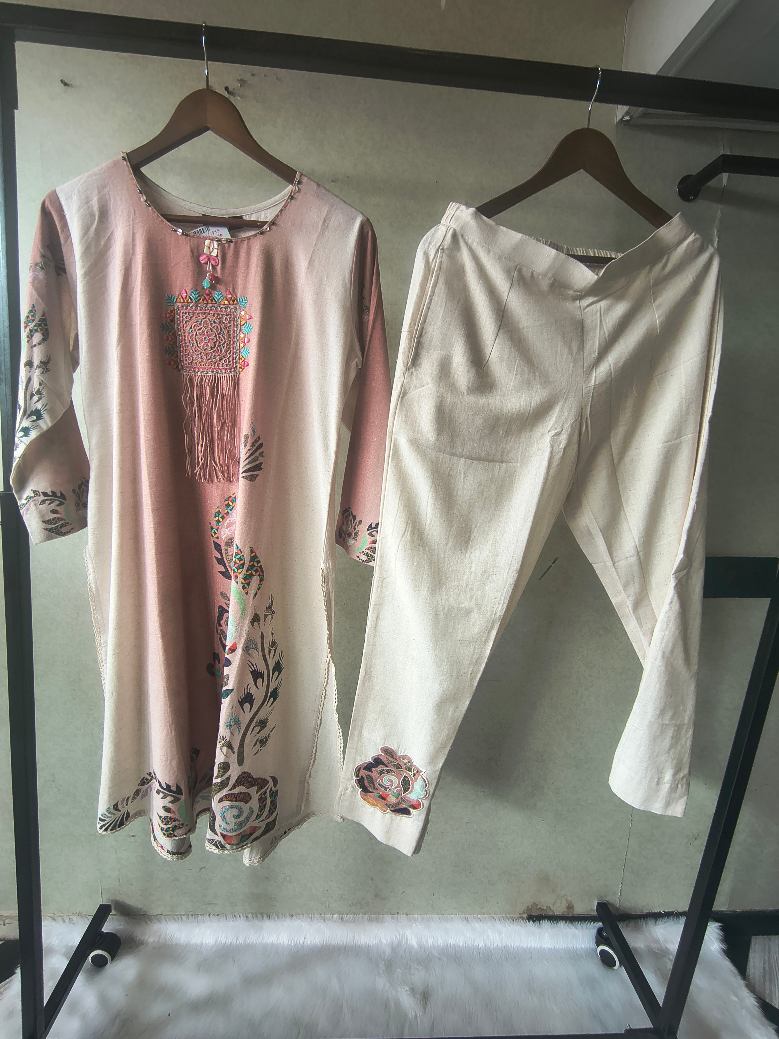 Image of Premium Blush Pink Linen Blend Kurta Set with Handcrafted Embroidered Tassel Patch & Embroidered Pants
