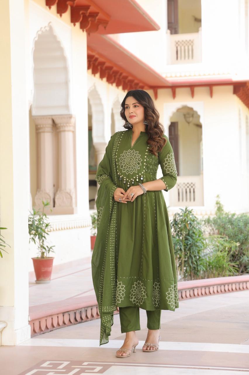 Image of Pure Mull Cotton Bandhani 3 Piece Anarkali Set