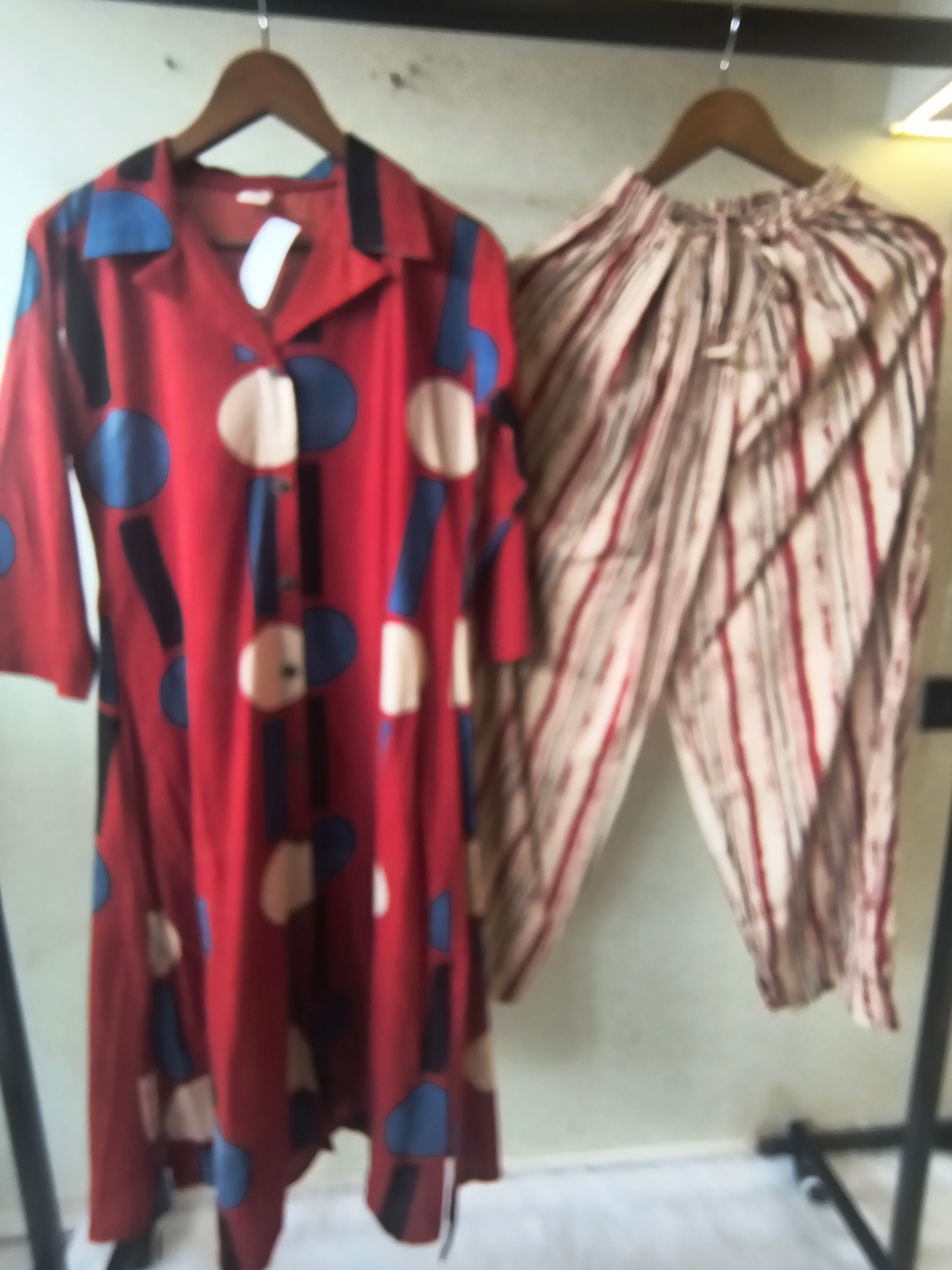 Image of Premium Rust Red Abstract Printed Shirt Kurta with Striped Relaxed Pants Co-Ord Set