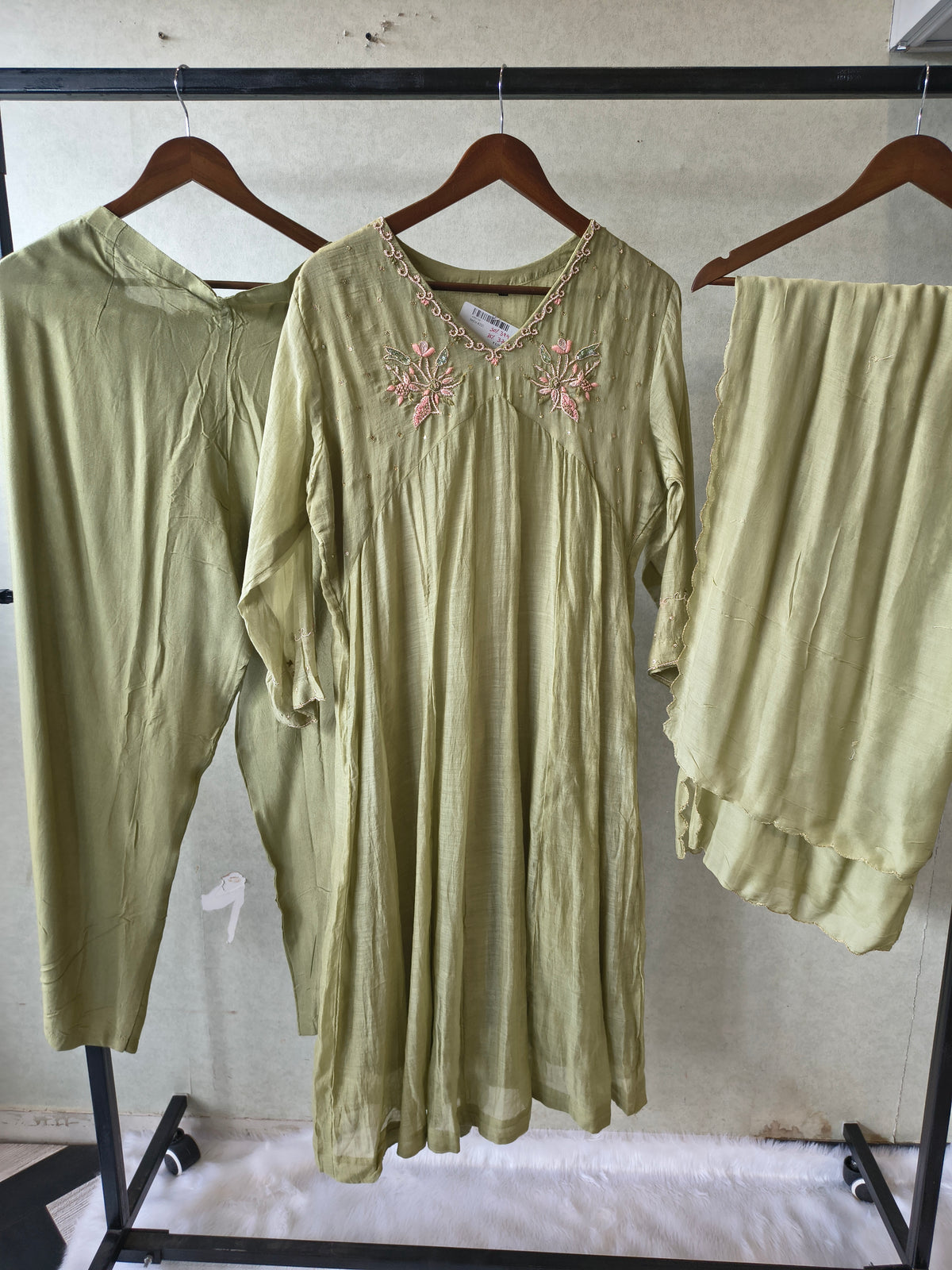 Premium Olive Green Embroidered A-Line Kurta Set with Dupatta