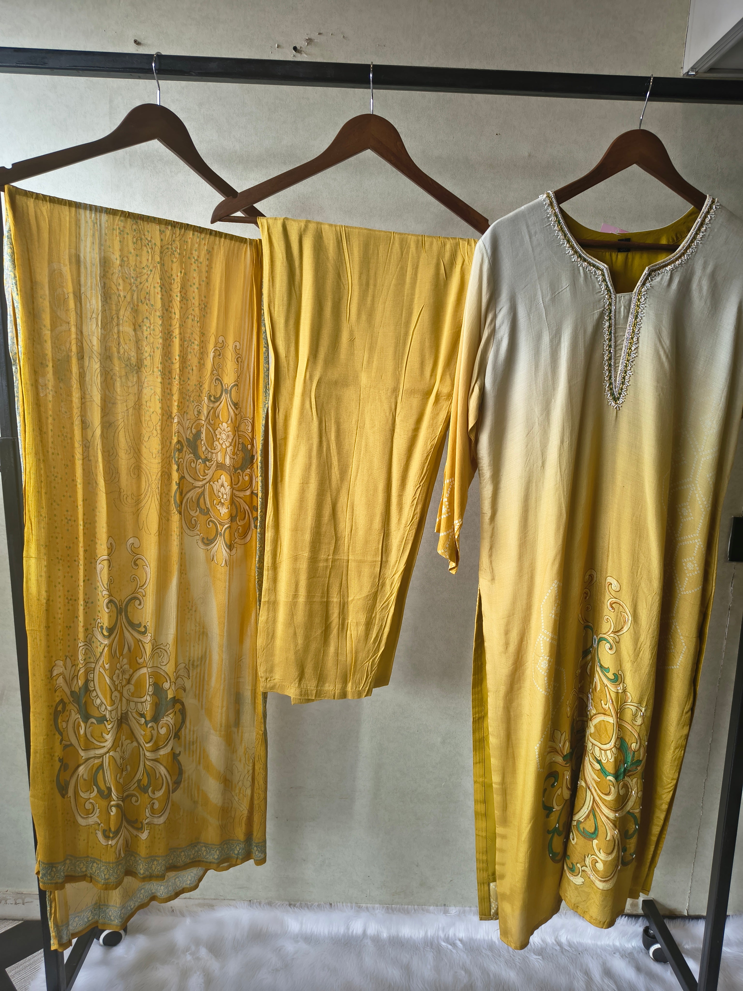 Image of Premium Mustard Yellow Ornamental Print Straight Kurta Set with Designer Dupatta & Straight Pants