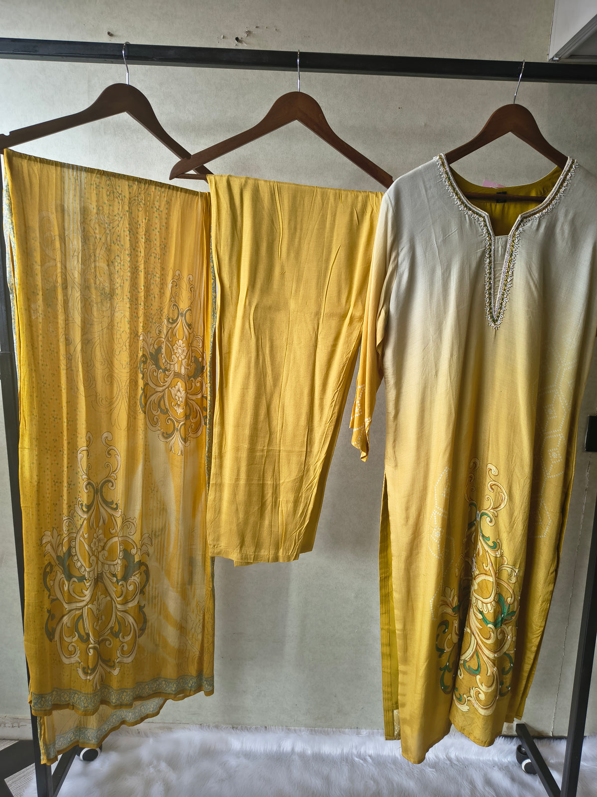 Premium Mustard Yellow Ornamental Print Straight Kurta Set with Designer Dupatta & Straight Pants
